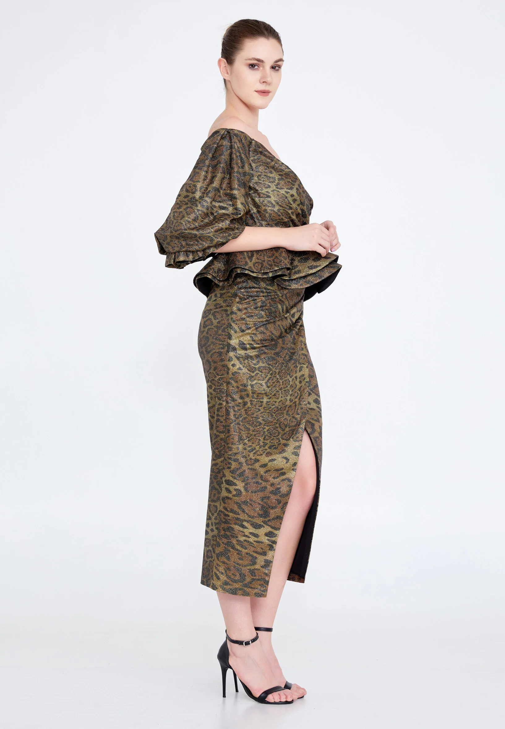 Off Shoulder Midi Chiffon Column Regular Cocktail Dress crm5502 - Image 3