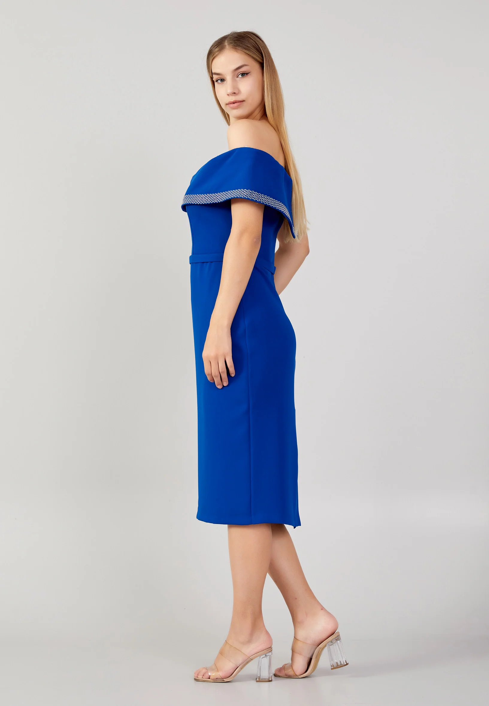 Off Shoulder Midi Crepe Column Plus Size Evening Dress jnm23-376b - Image 3