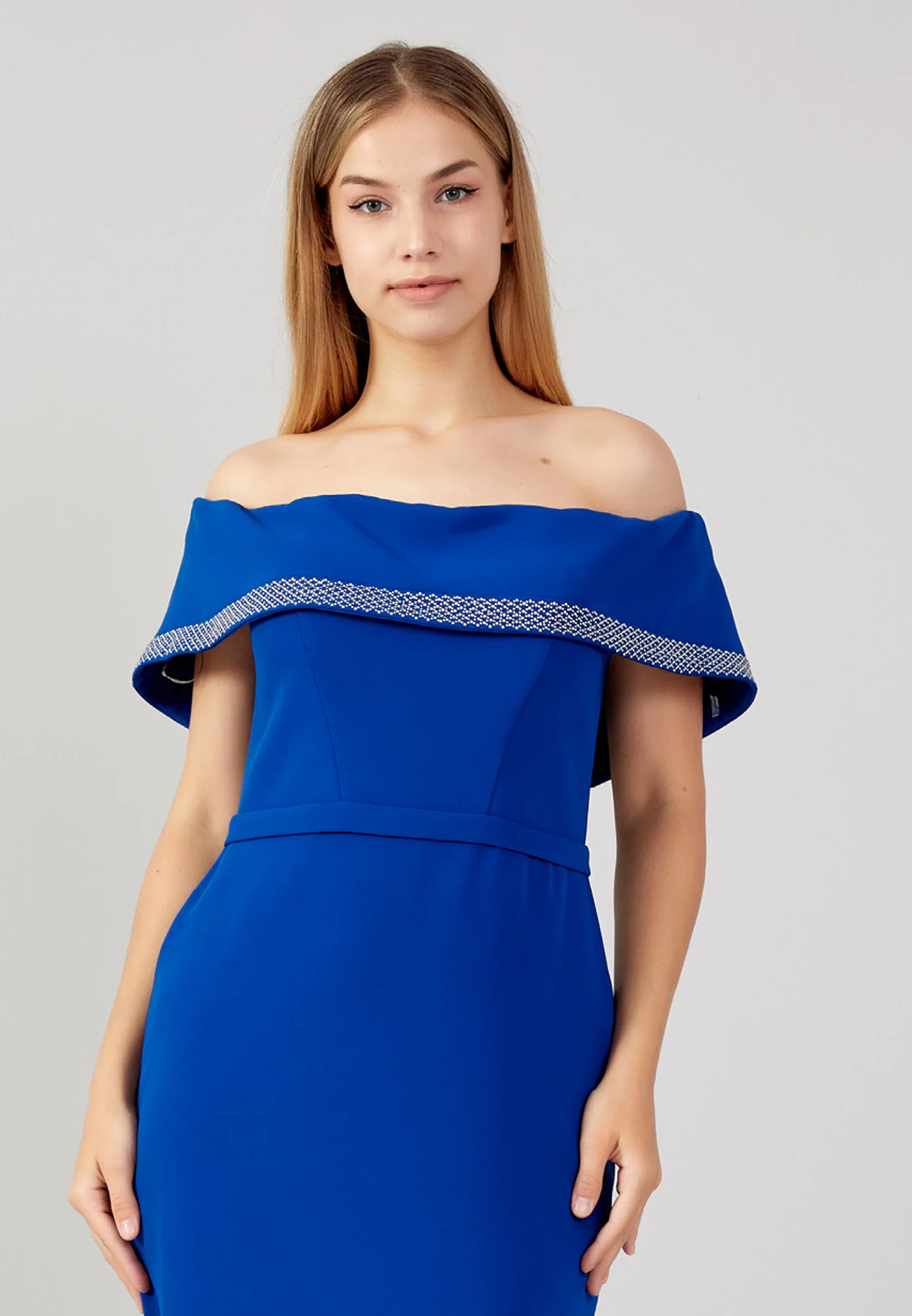 Off Shoulder Midi Crepe Column Plus Size Evening Dress jnm23-376b - Image 4