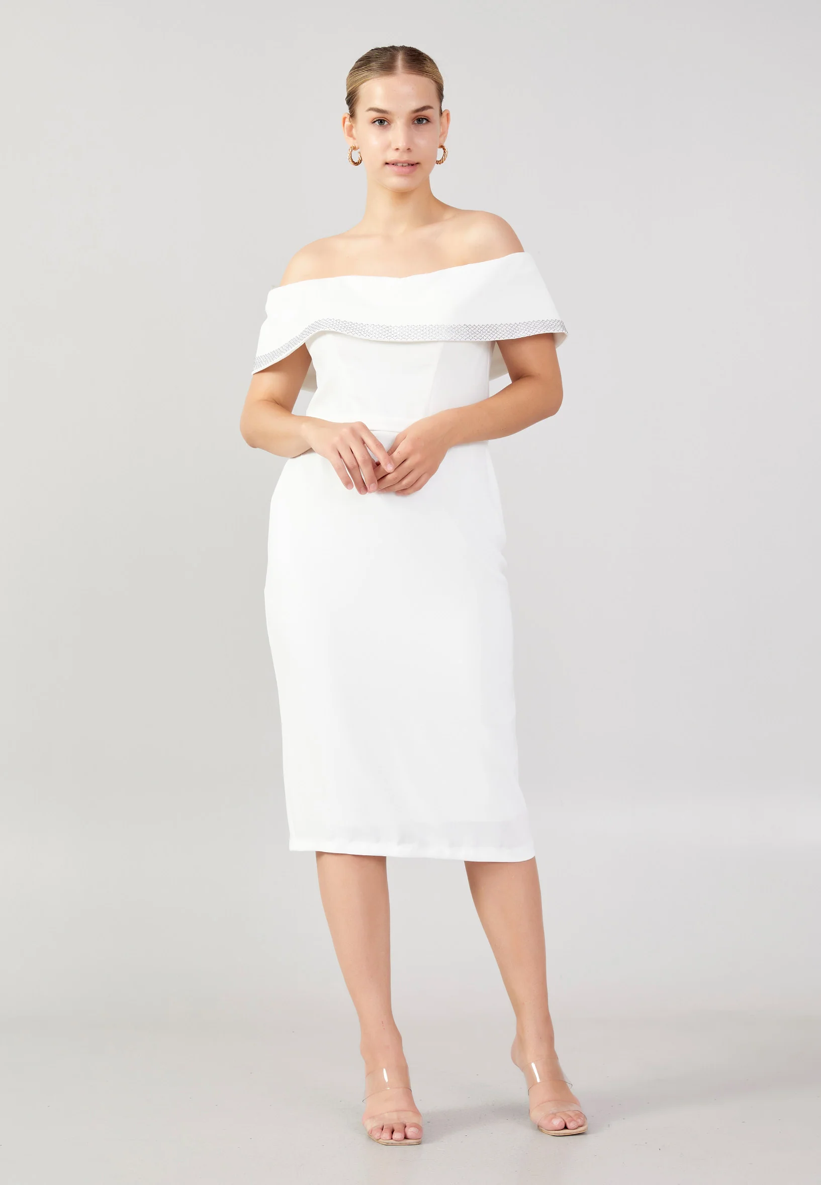 Off Shoulder Midi Crepe Column Plus Size Evening Dress jnm23-376b - Image 5