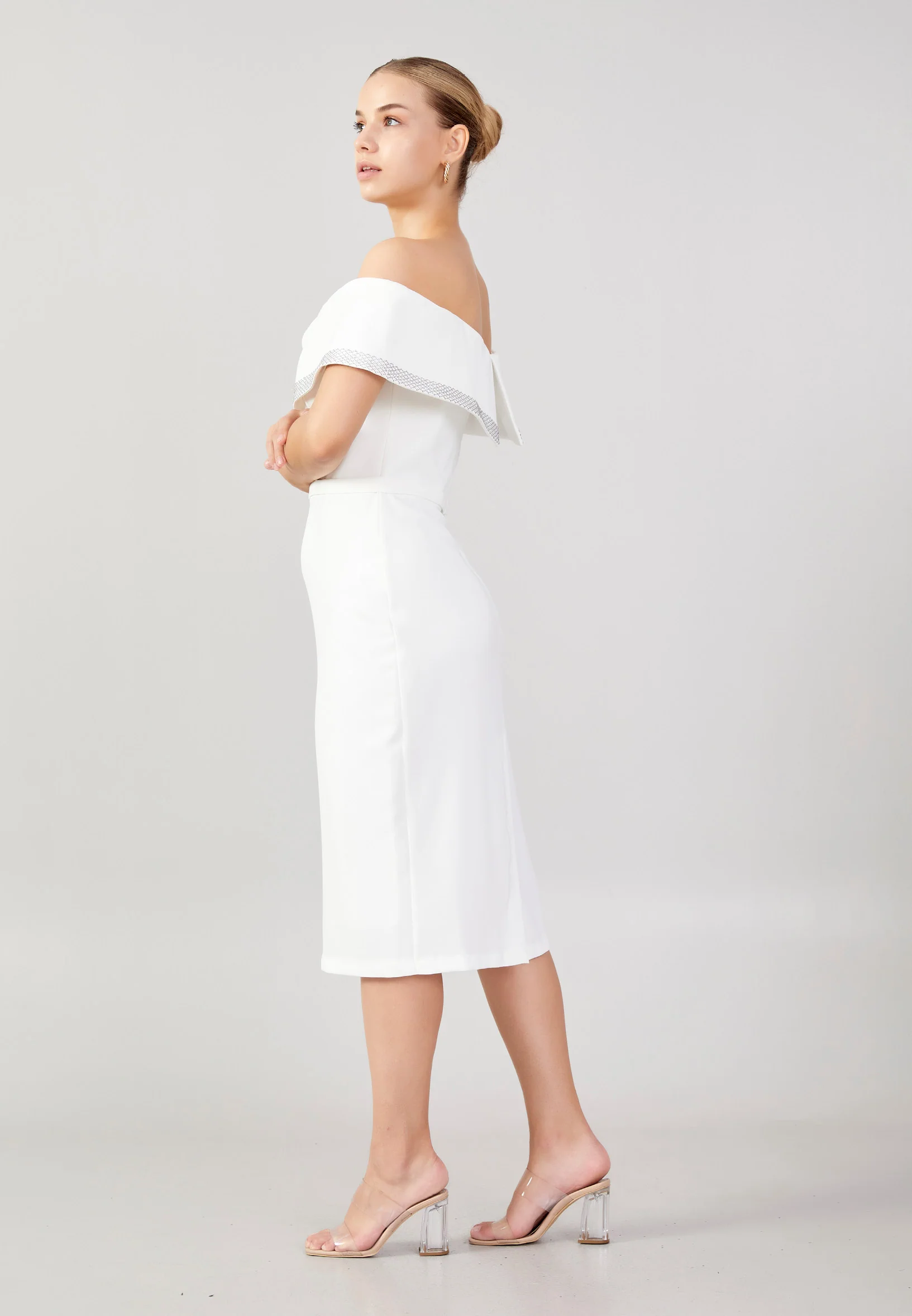 Off Shoulder Midi Crepe Column Plus Size Evening Dress jnm23-376b - Image 7