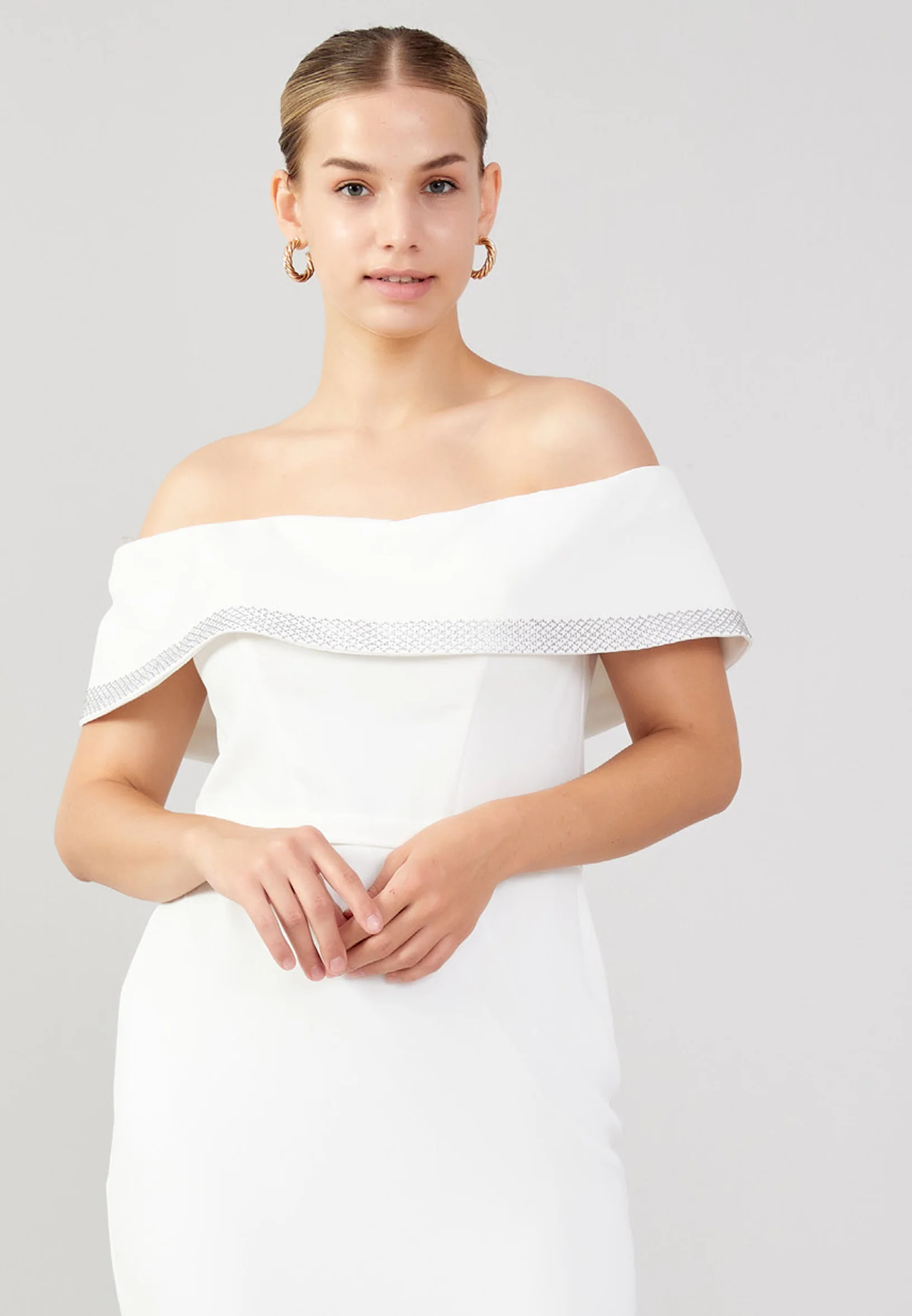 Off Shoulder Midi Crepe Column Plus Size Evening Dress jnm23-376b - Image 8