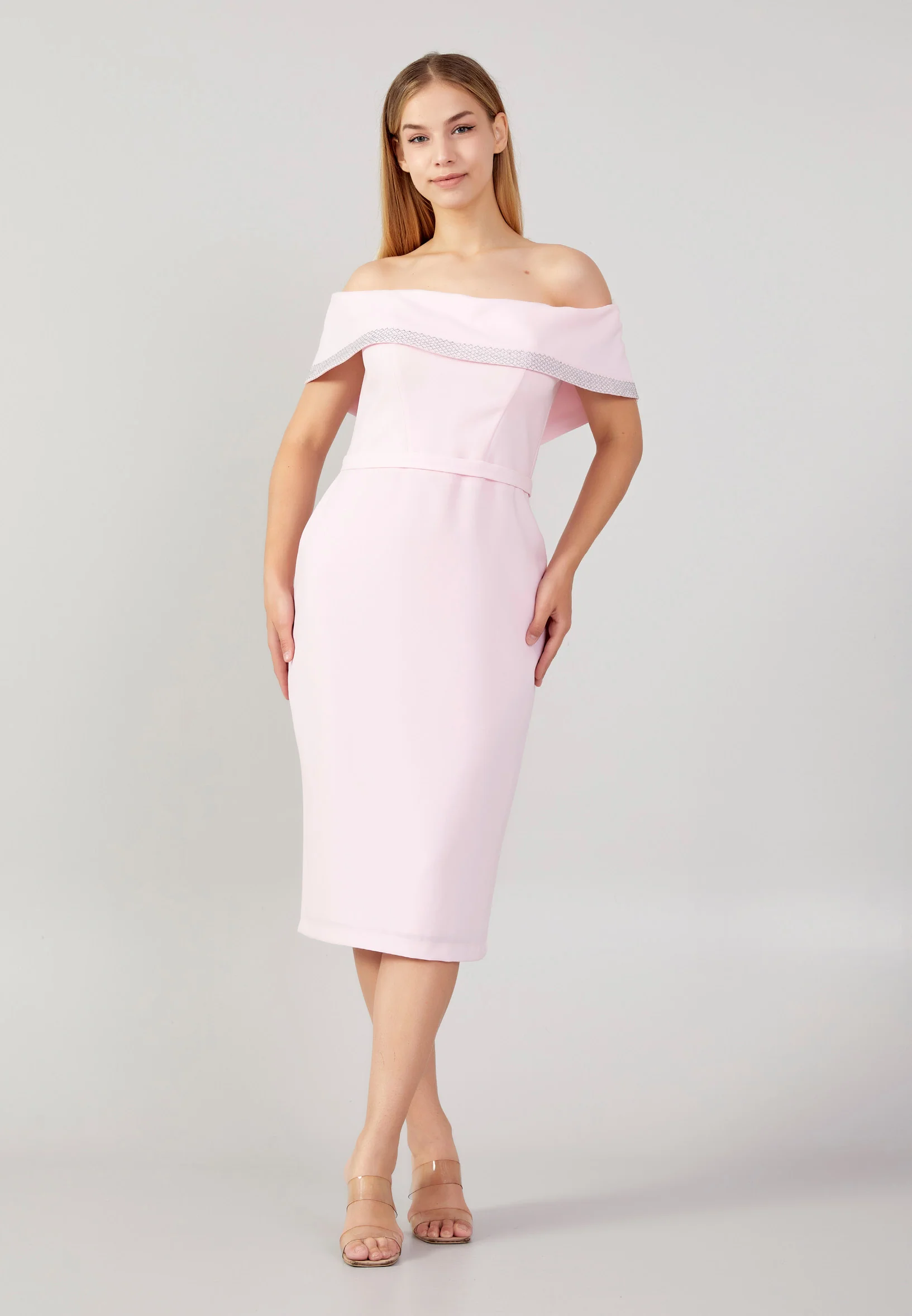 Off Shoulder Midi Crepe Column Plus Size Evening Dress jnm23-376b - Image 9