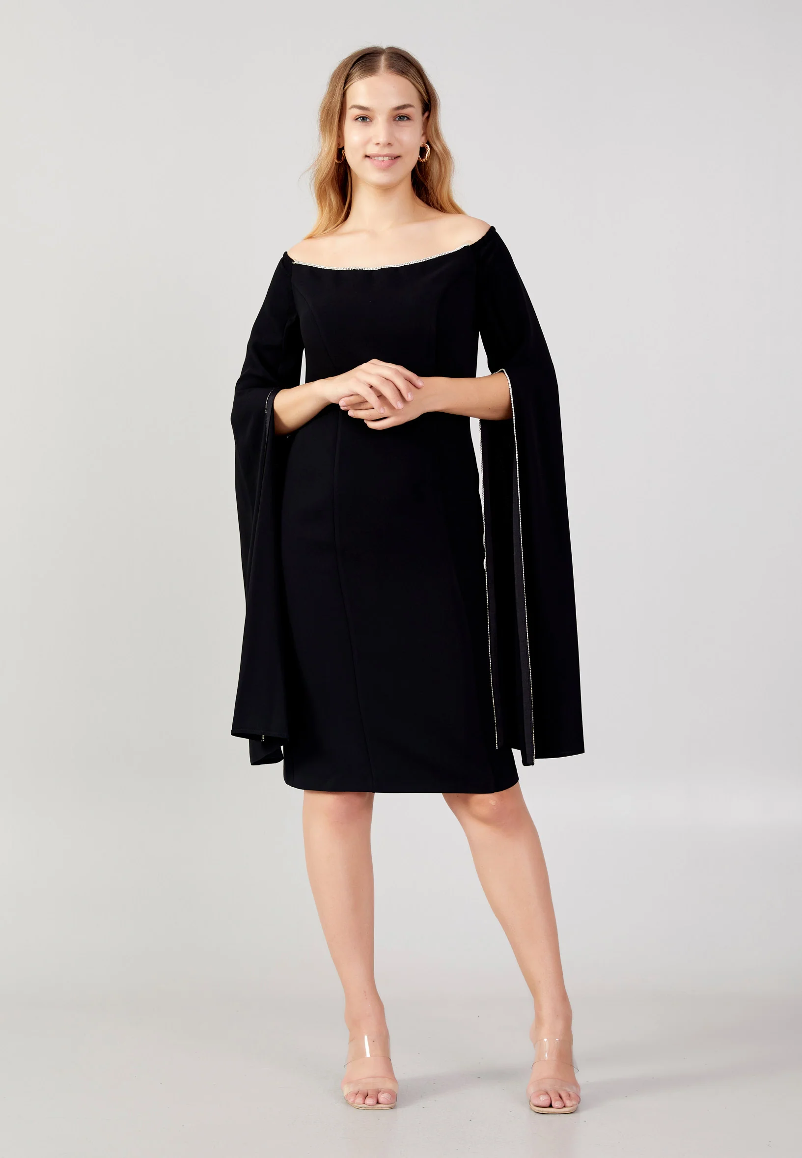 Off Shoulder Midi Crepe Column Plus Size Evening Dress jnm23-378-b