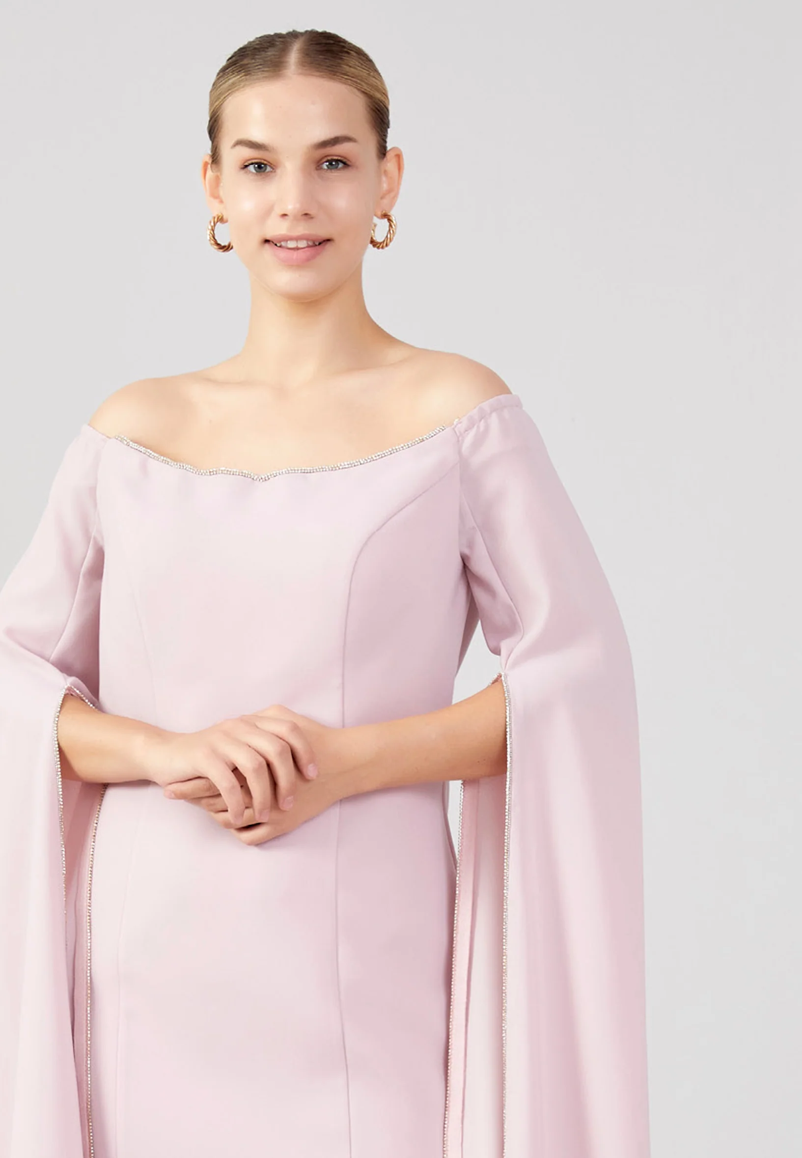 Off Shoulder Midi Crepe Column Plus Size Evening Dress jnm23-378-b - Image 12