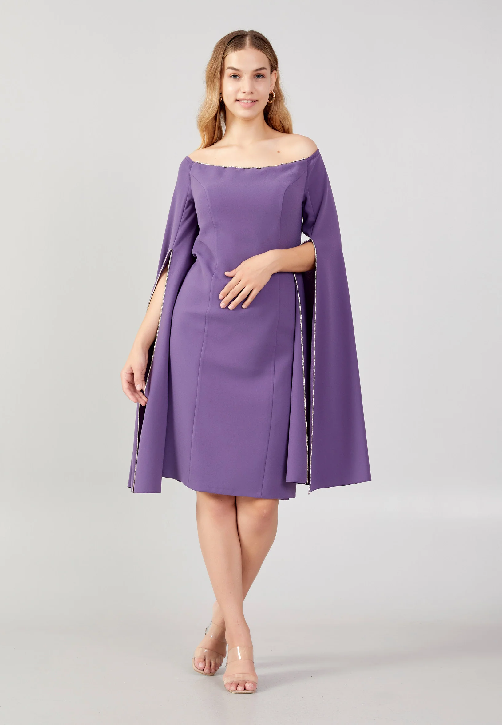 Off Shoulder Midi Crepe Column Plus Size Evening Dress jnm23-378-b - Image 13