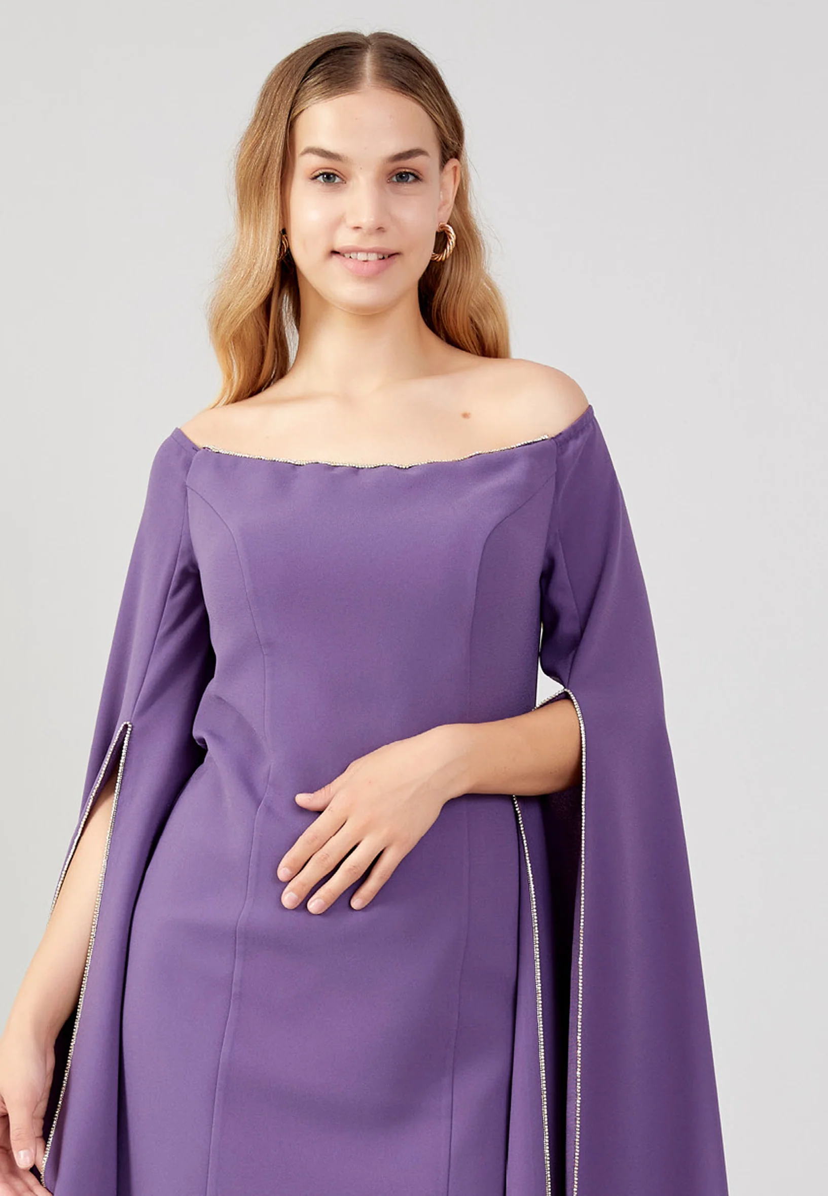 Off Shoulder Midi Crepe Column Plus Size Evening Dress jnm23-378-b - Image 16