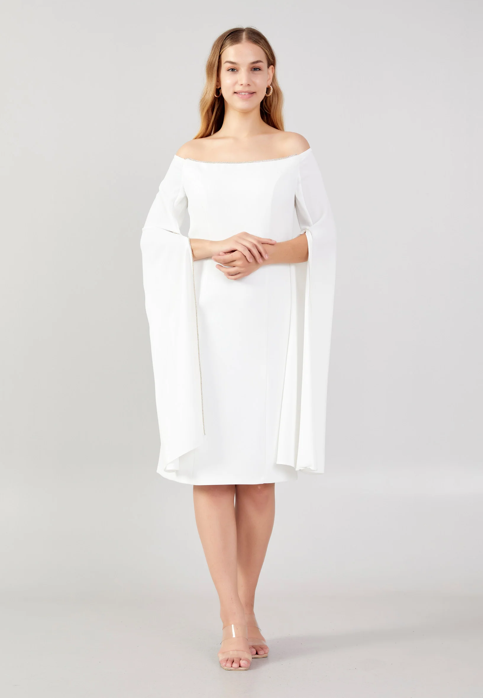 Off Shoulder Midi Crepe Column Plus Size Evening Dress jnm23-378-b - Image 17