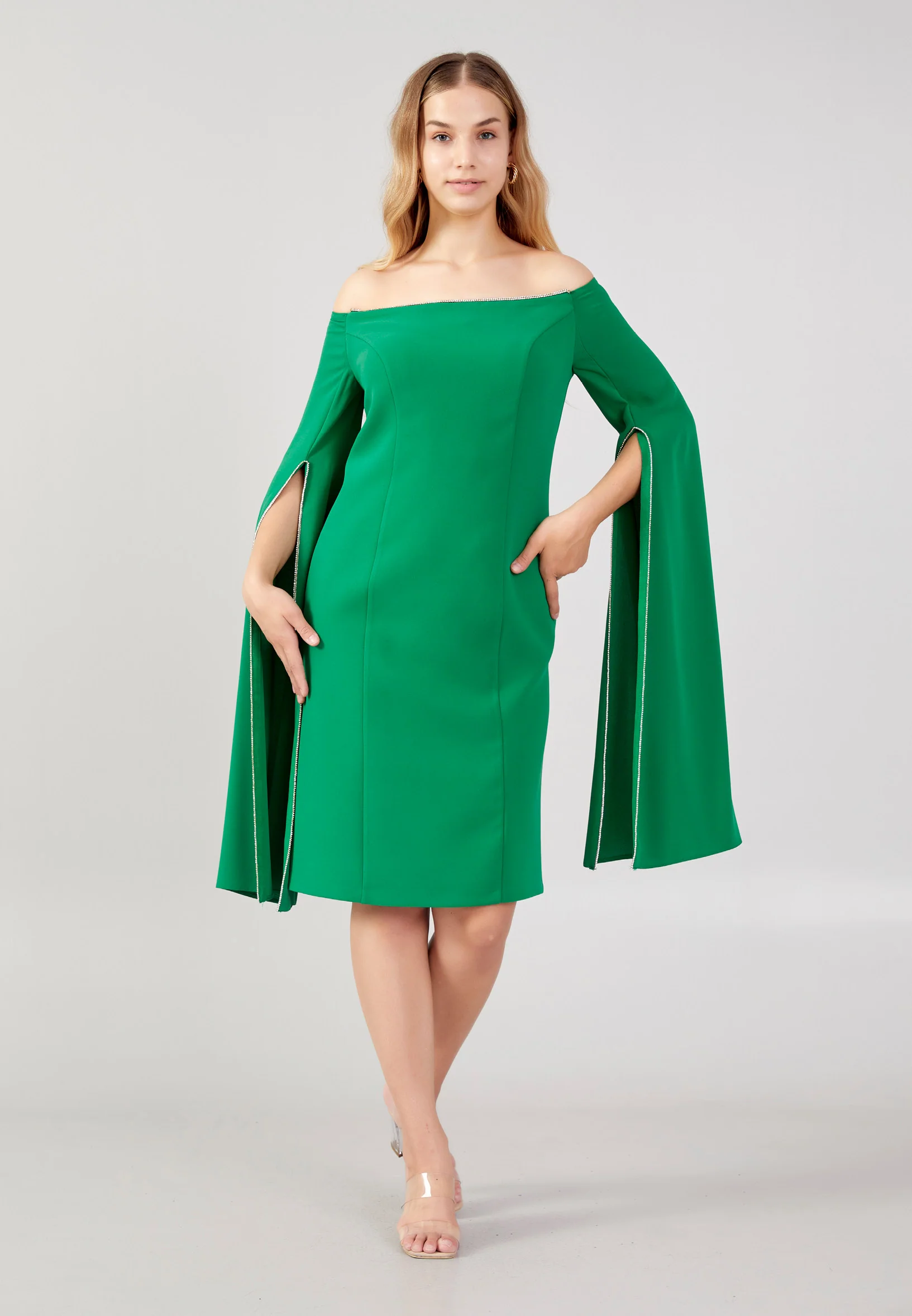 Off Shoulder Midi Crepe Column Plus Size Evening Dress jnm23-378-b - Image 5