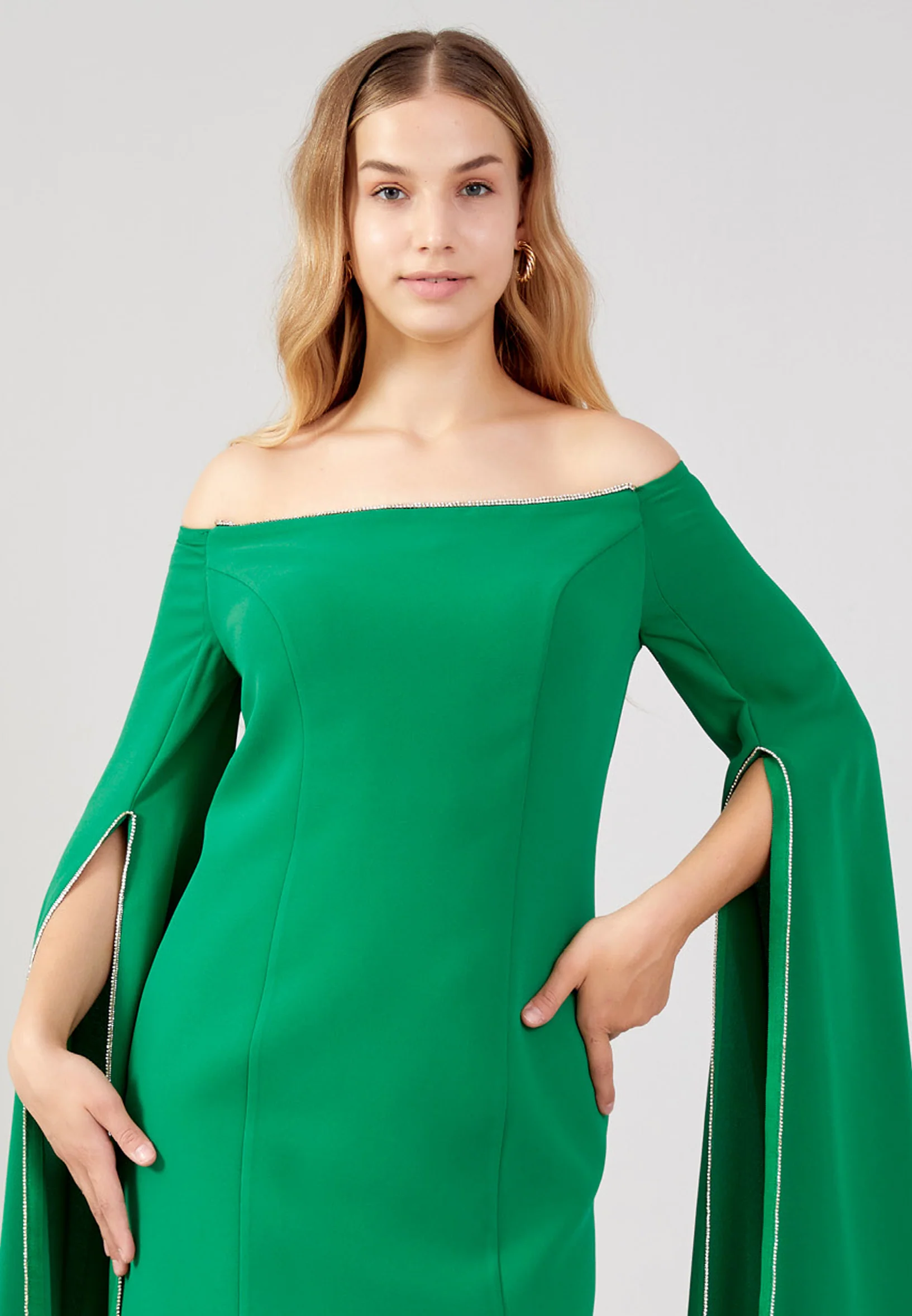 Off Shoulder Midi Crepe Column Plus Size Evening Dress jnm23-378-b - Image 8