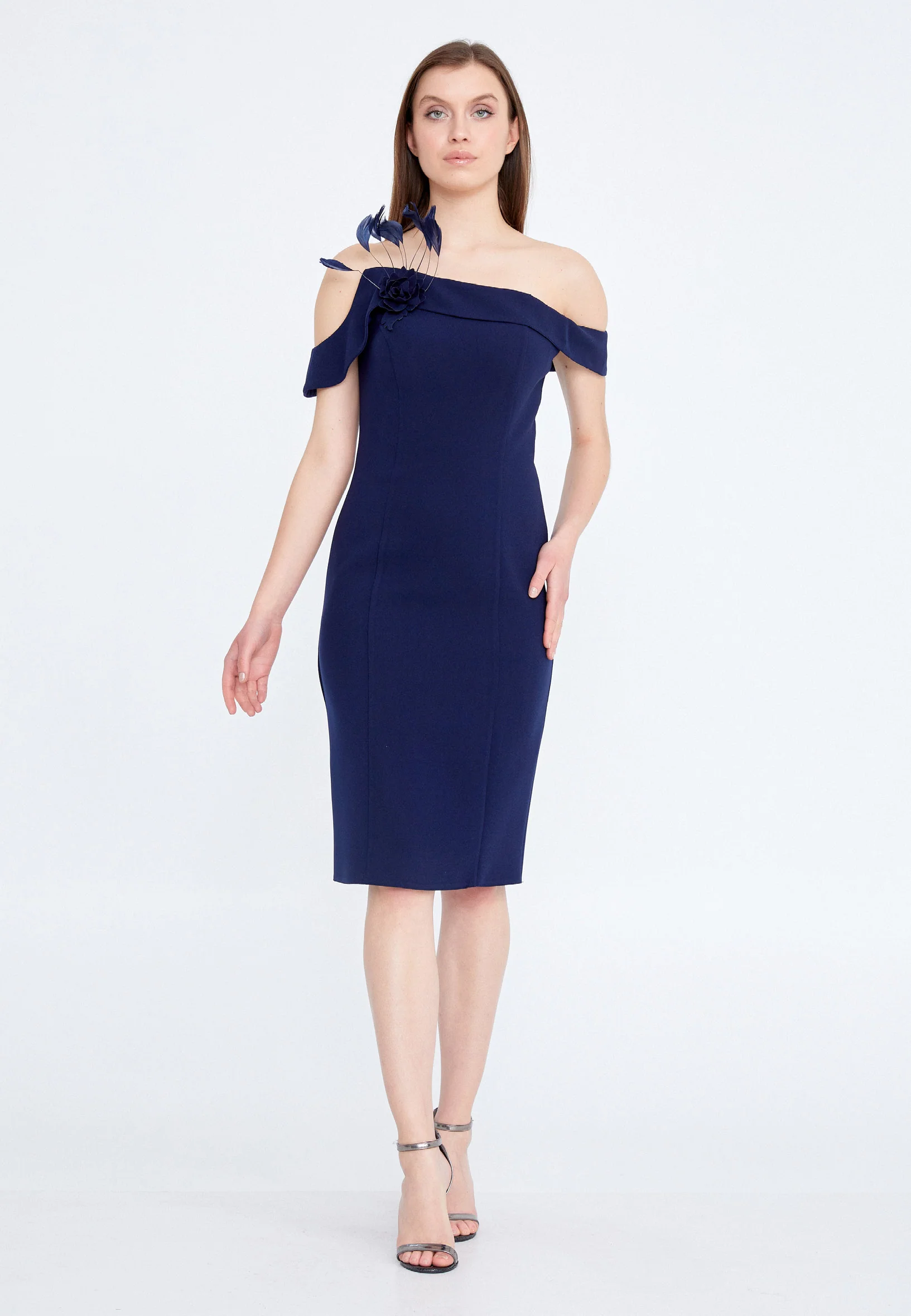 Off Shoulder Midi Crepe Column Regular Cocktail Dress nzn1587 - Image 15