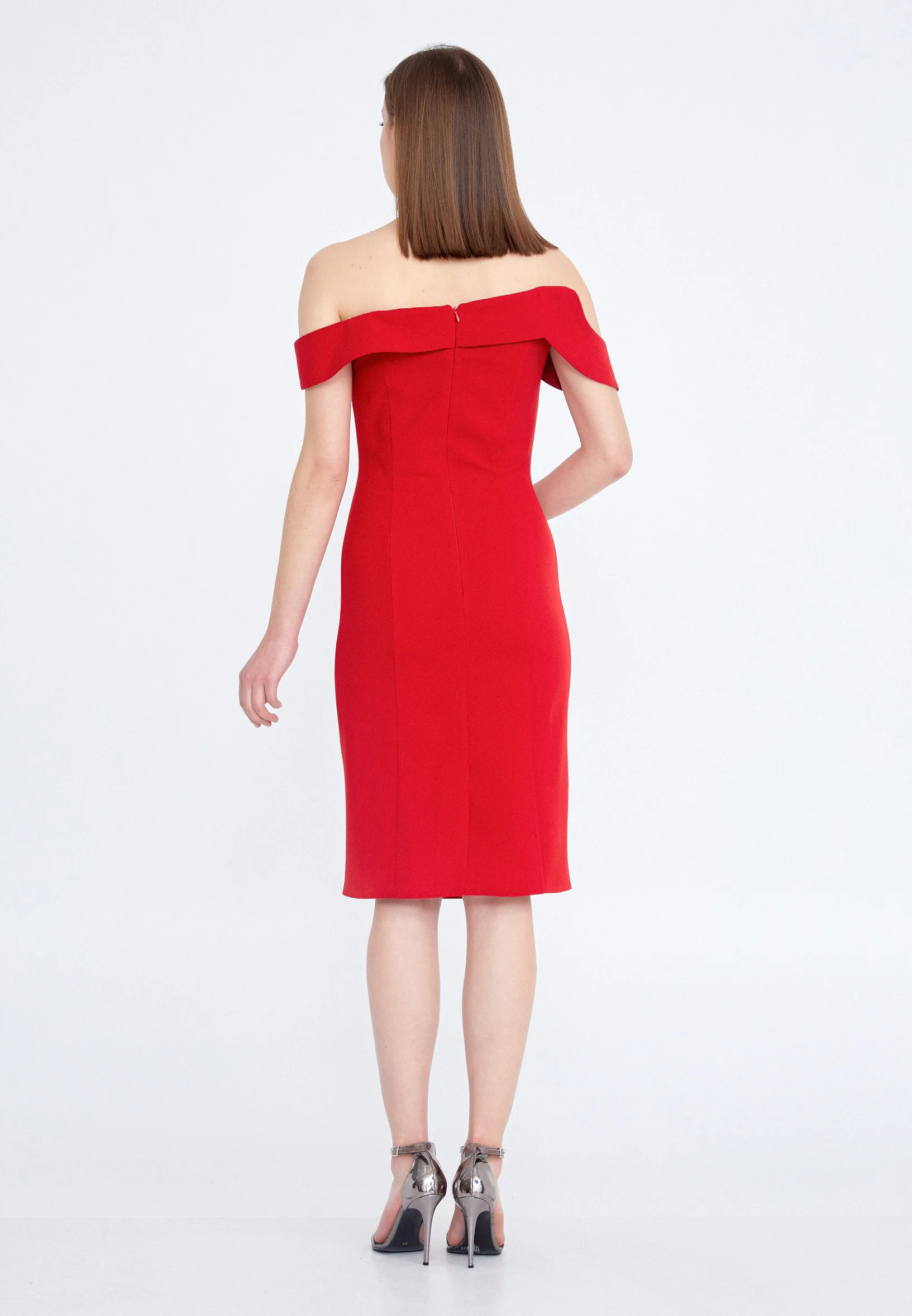Off Shoulder Midi Crepe Column Regular Cocktail Dress nzn1587 - Image 24