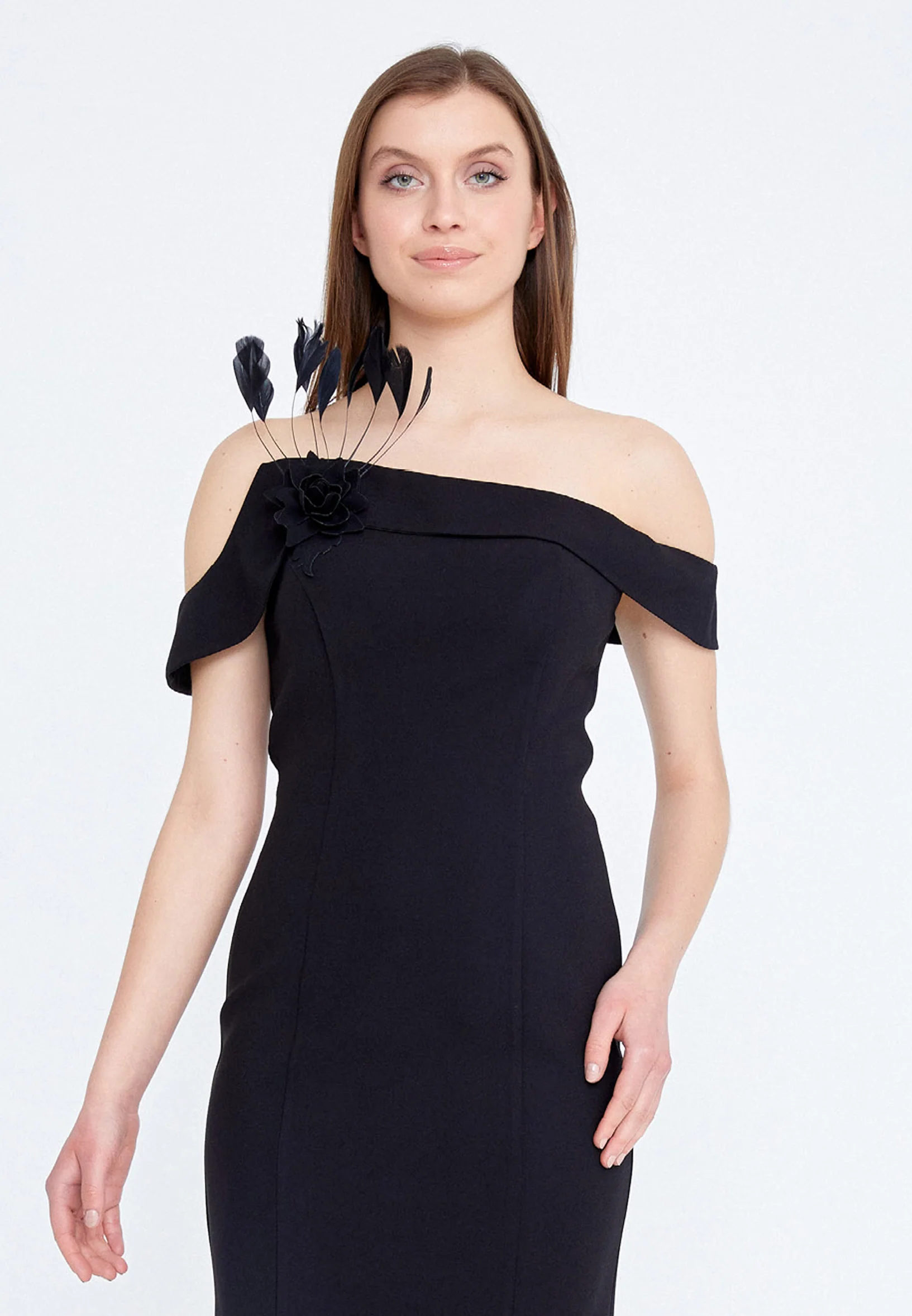 Off Shoulder Midi Crepe Column Regular Cocktail Dress nzn1587 - Image 4