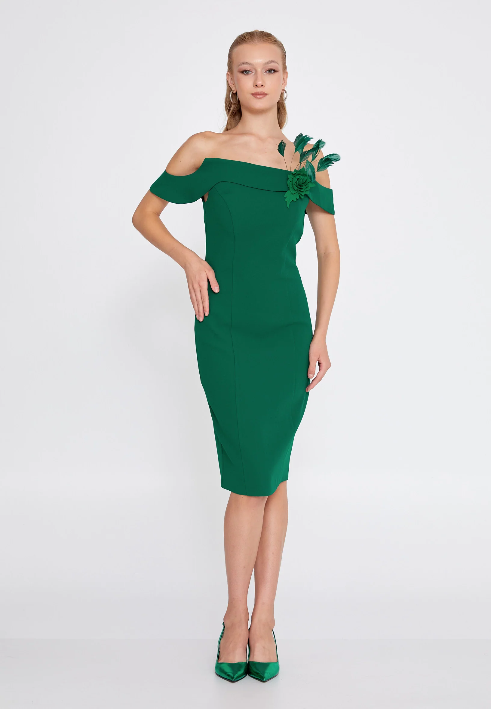 Off Shoulder Midi Crepe Column Regular Cocktail Dress nzn1587 - Image 9