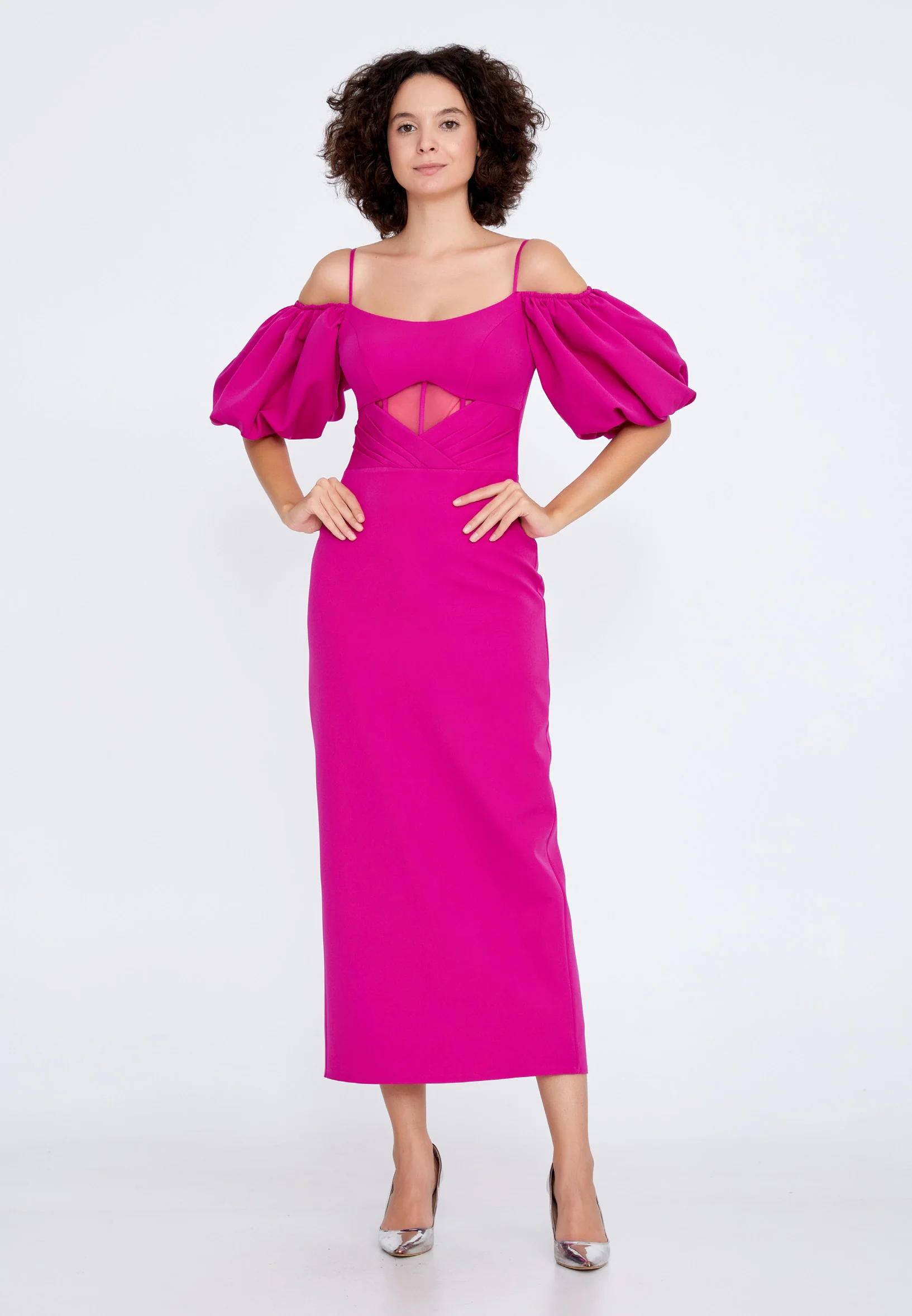 Off Shoulder Midi Crepe Column Regular Evening Dress jnm20-091 - Image 13