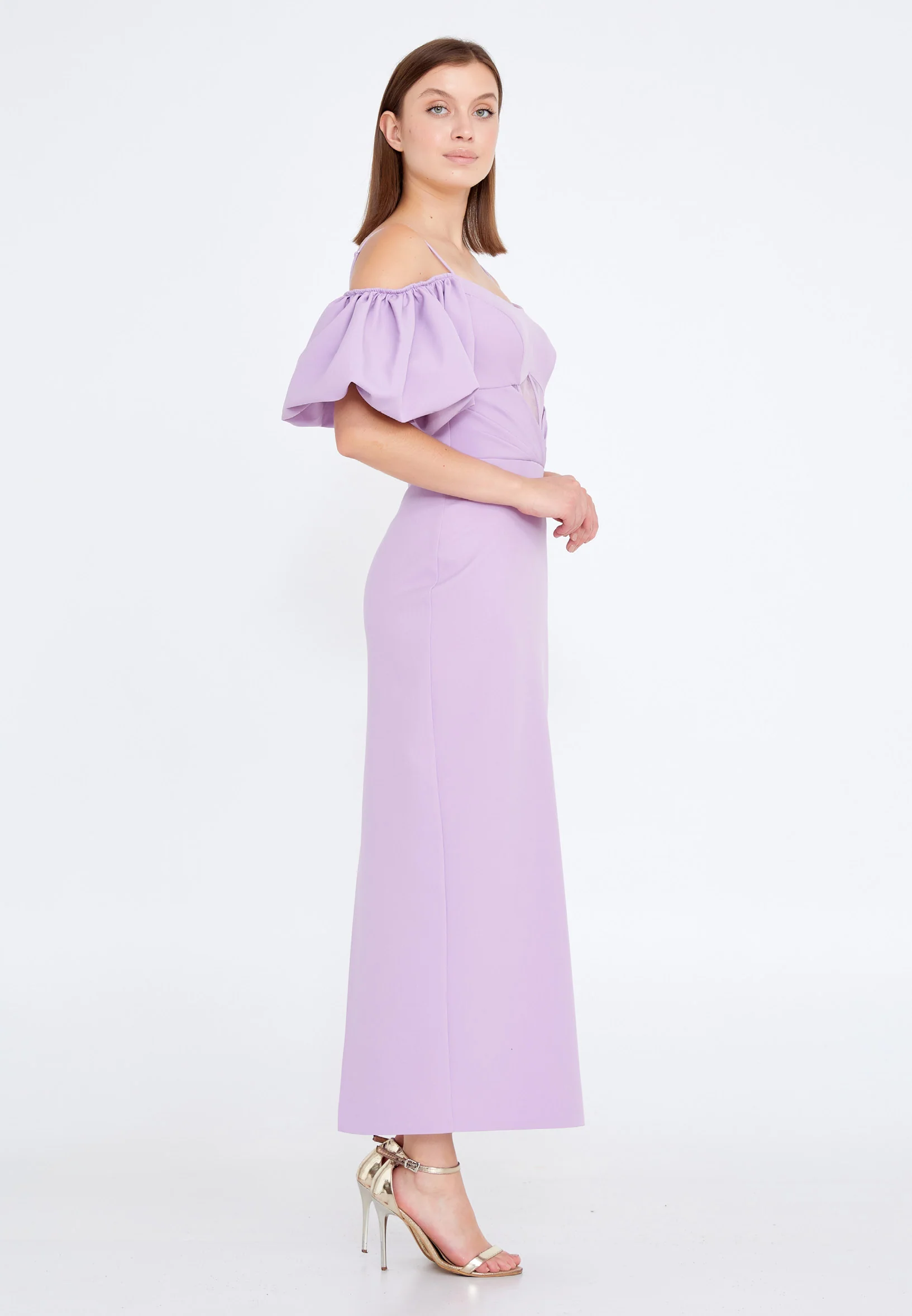 Off Shoulder Midi Crepe Column Regular Evening Dress jnm20-091 - Image 21