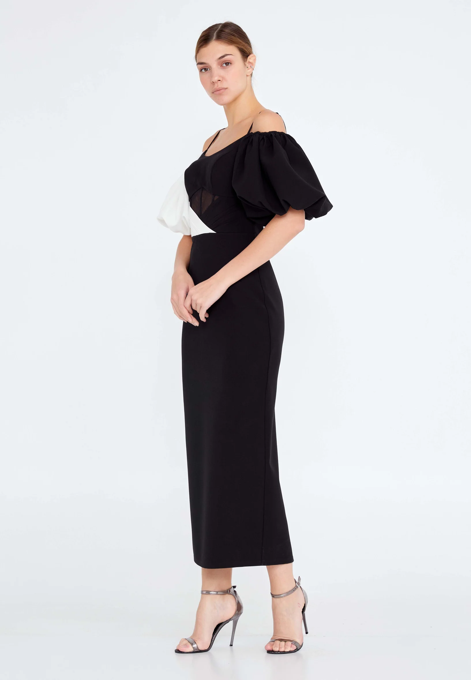 Off Shoulder Midi Crepe Column Regular Evening Dress jnm20-091 - Image 3
