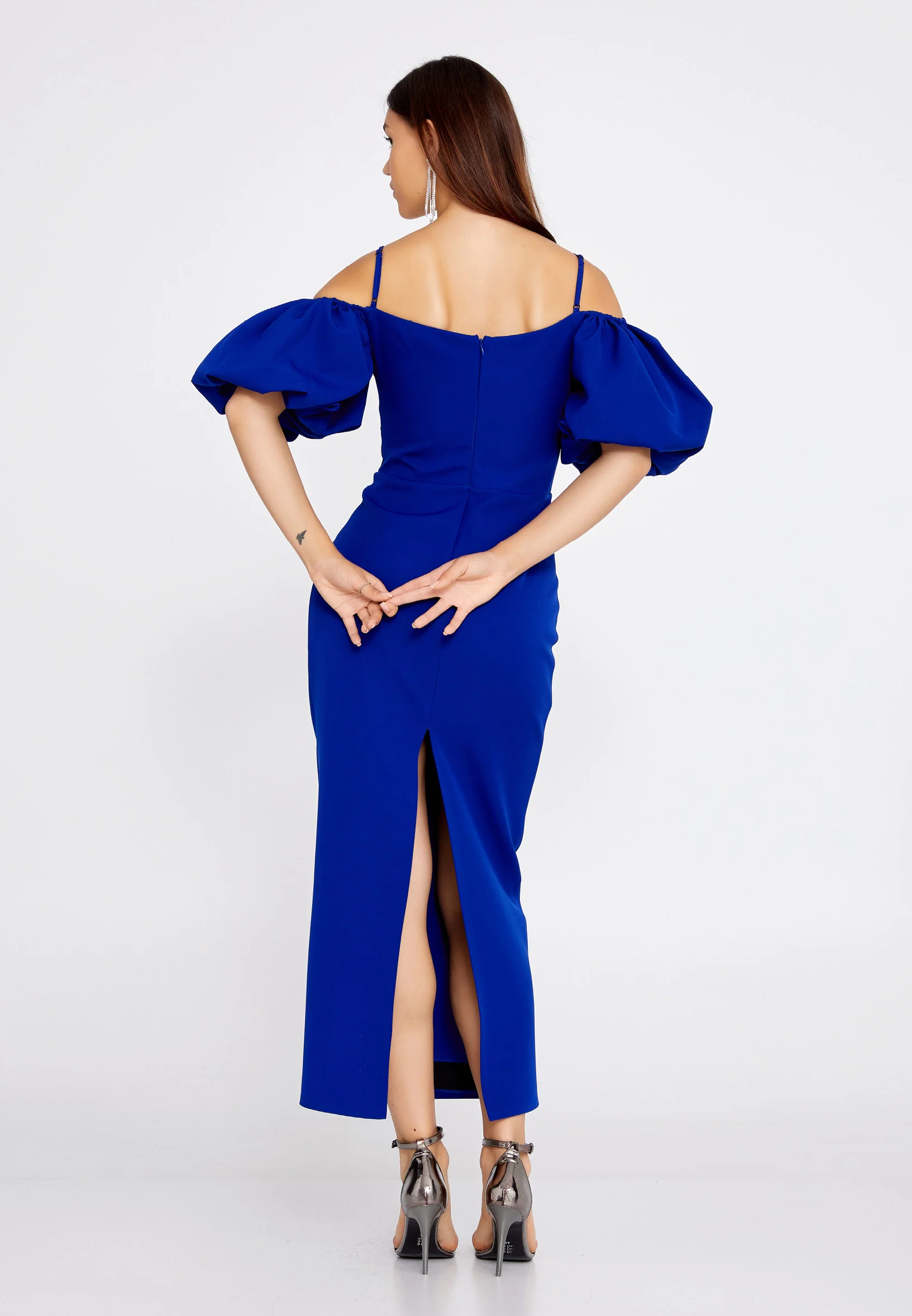 Off Shoulder Midi Crepe Column Regular Evening Dress jnm20-091 - Image 6