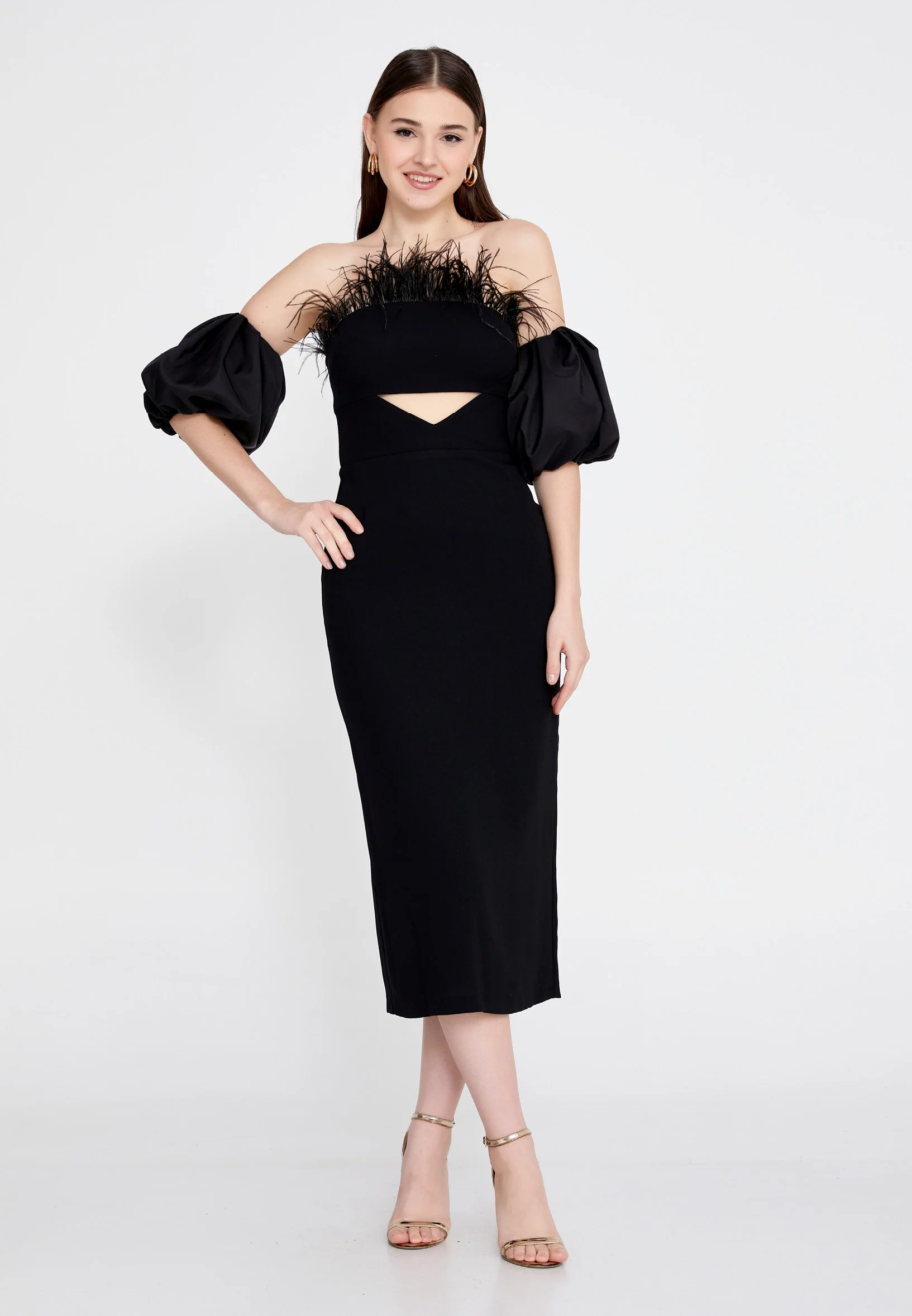 Off Shoulder Midi Crepe Column Regular Evening Dress jnm23-305