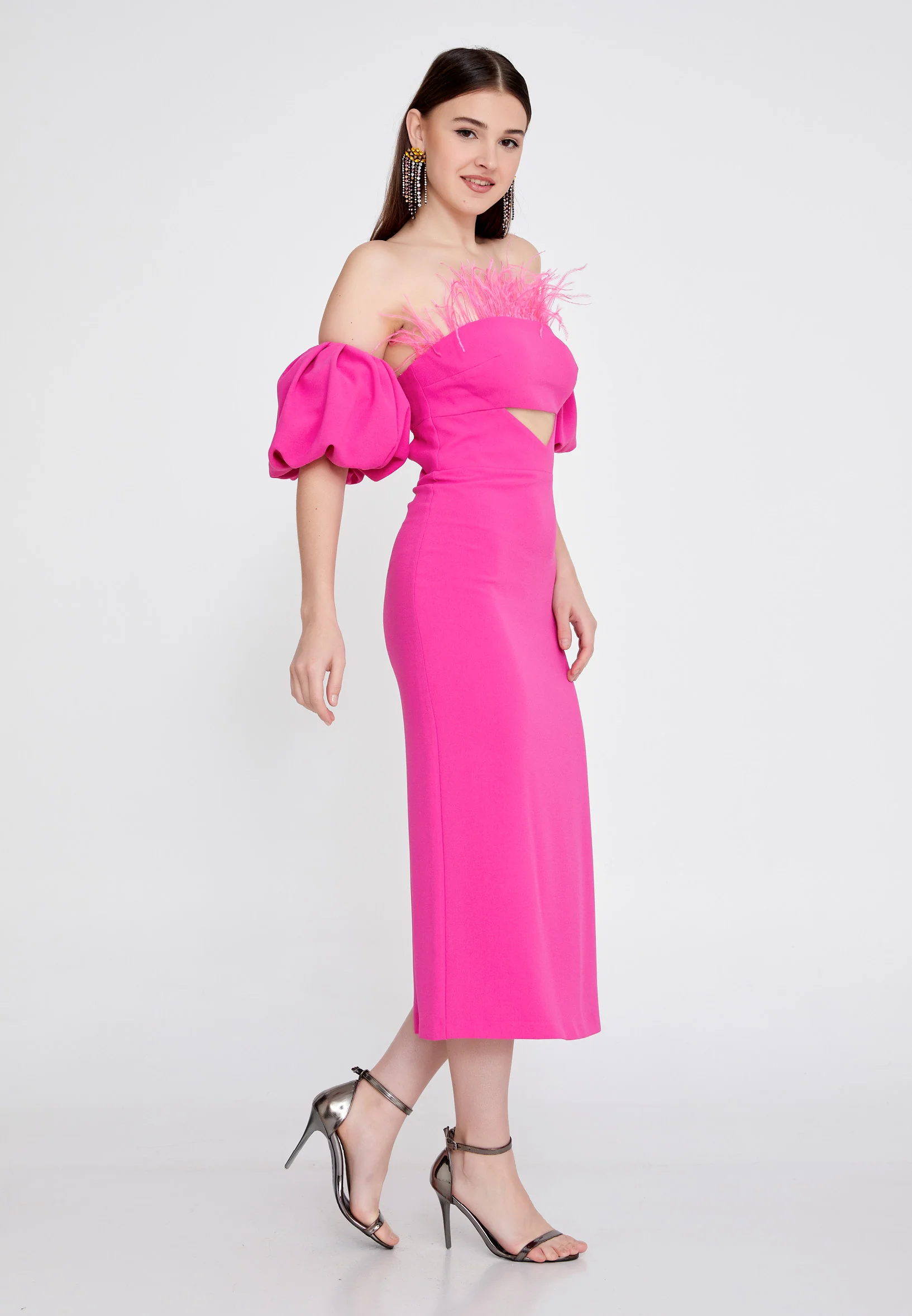 Off Shoulder Midi Crepe Column Regular Evening Dress jnm23-305 - Image 11