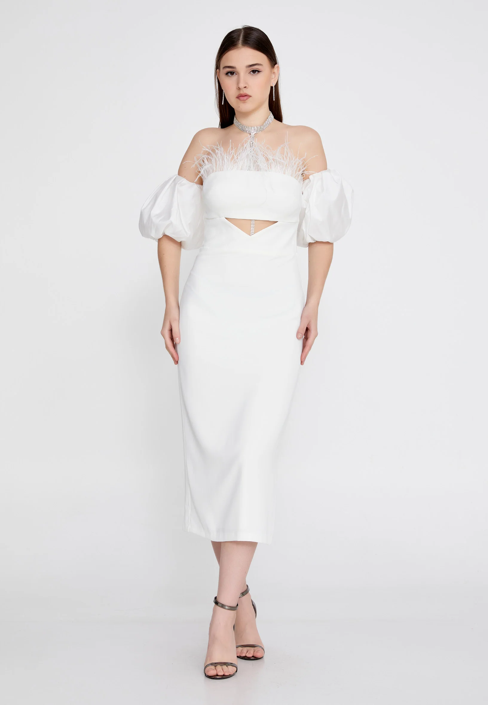 Off Shoulder Midi Crepe Column Regular Evening Dress jnm23-305 - Image 13