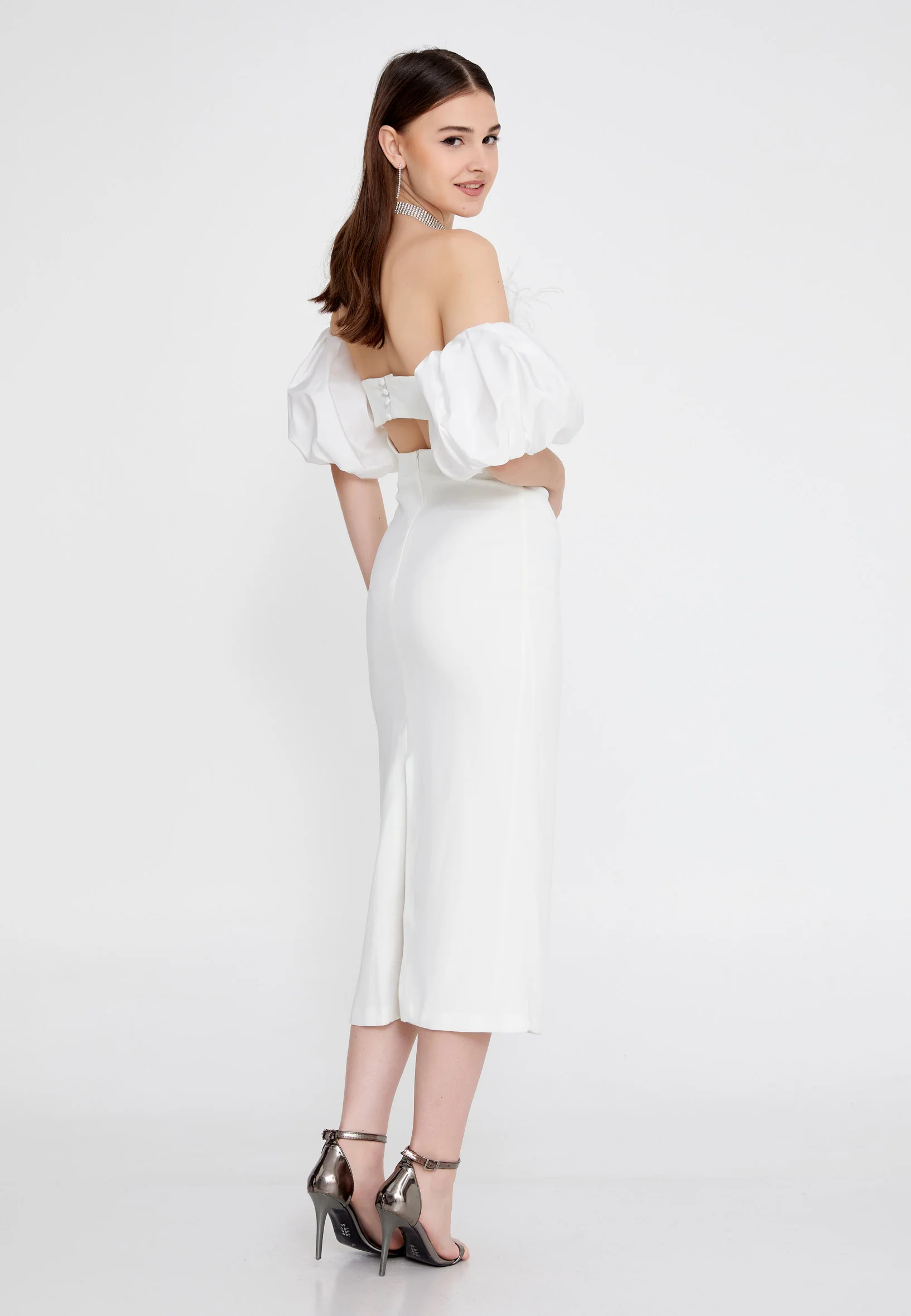 Off Shoulder Midi Crepe Column Regular Evening Dress jnm23-305 - Image 14
