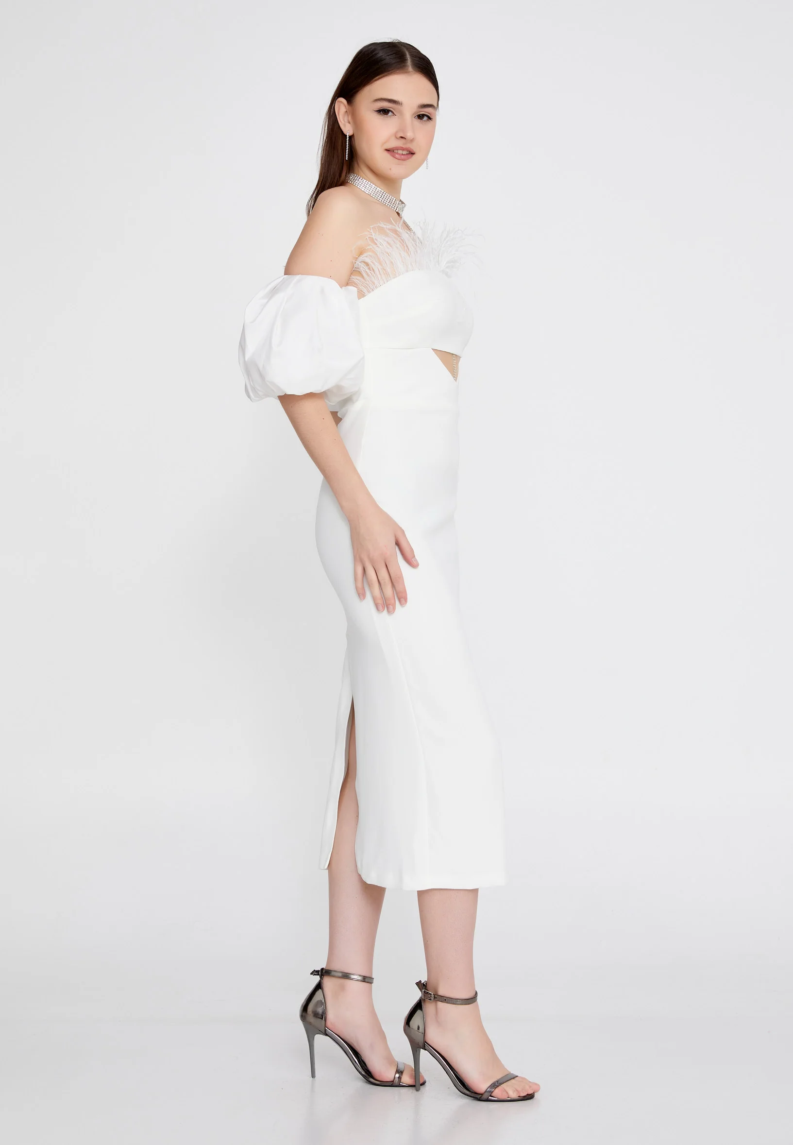Off Shoulder Midi Crepe Column Regular Evening Dress jnm23-305 - Image 15