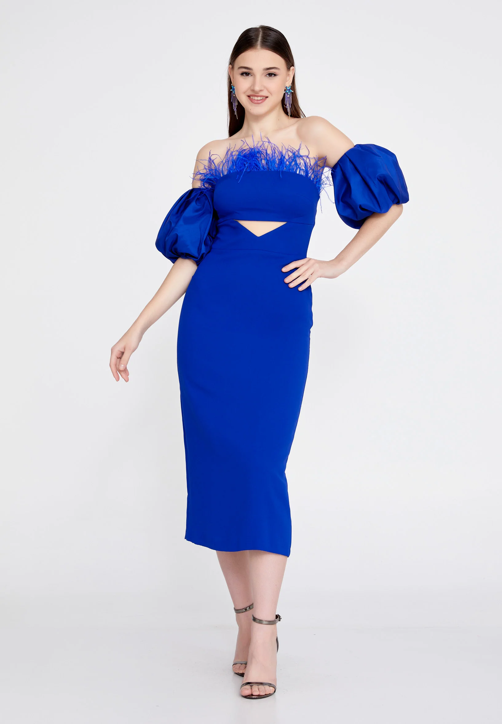 Off Shoulder Midi Crepe Column Regular Evening Dress jnm23-305 - Image 5