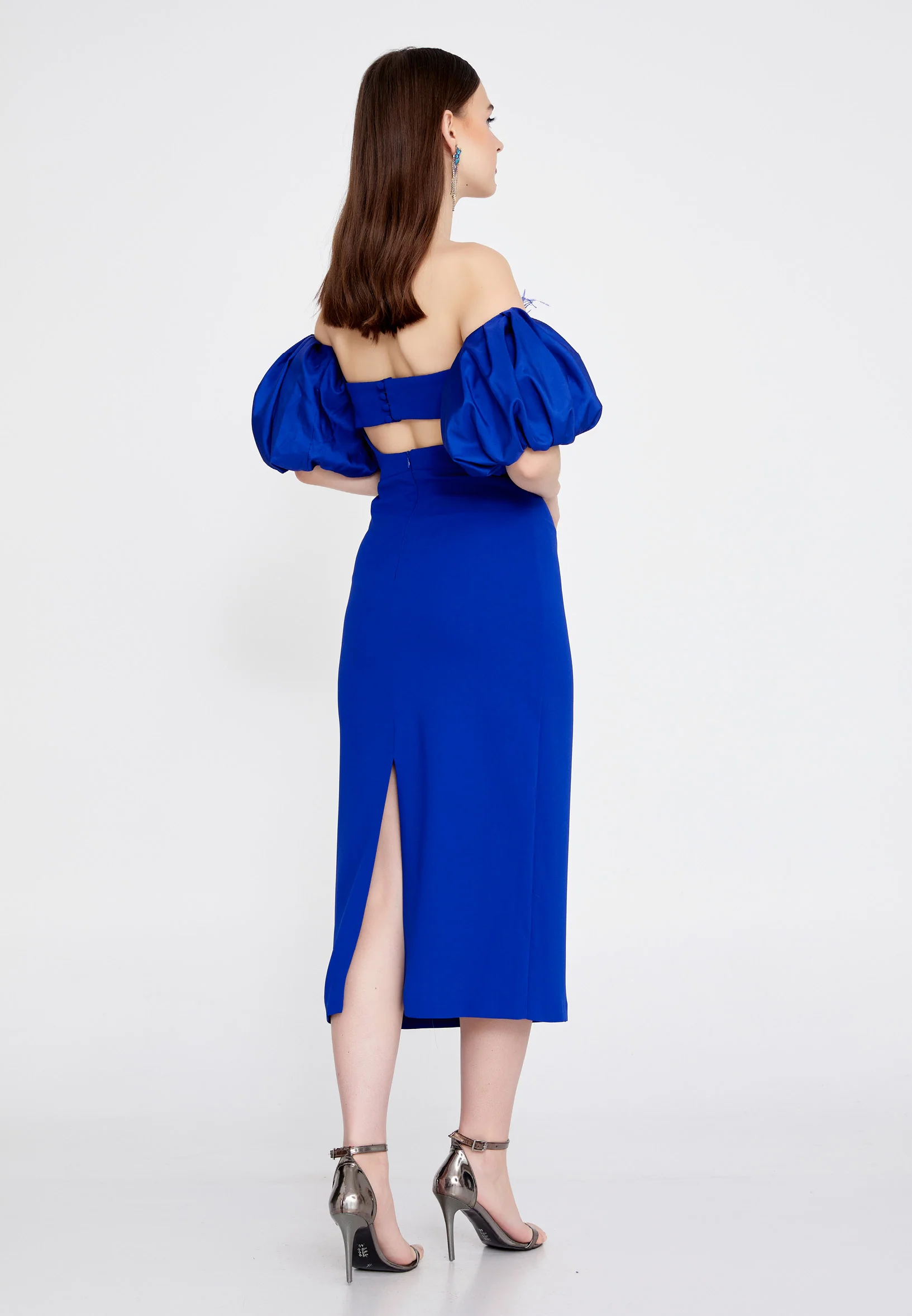 Off Shoulder Midi Crepe Column Regular Evening Dress jnm23-305 - Image 6