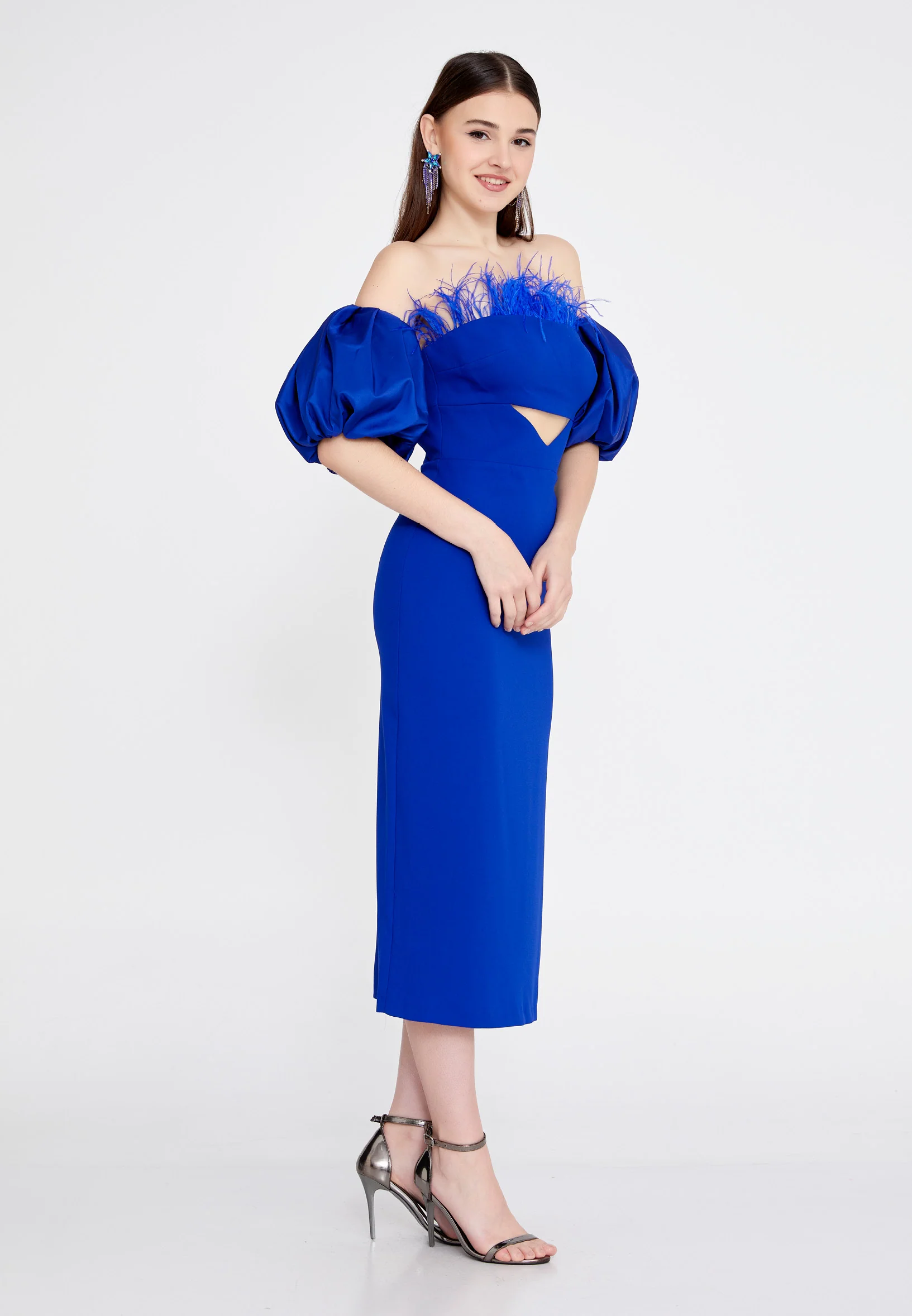 Off Shoulder Midi Crepe Column Regular Evening Dress jnm23-305 - Image 7