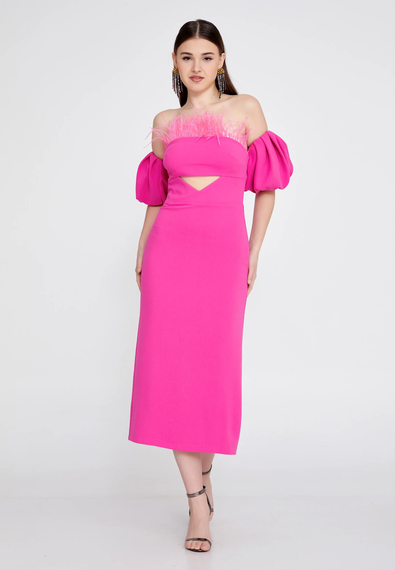 Off Shoulder Midi Crepe Column Regular Evening Dress jnm23-305 - Image 9
