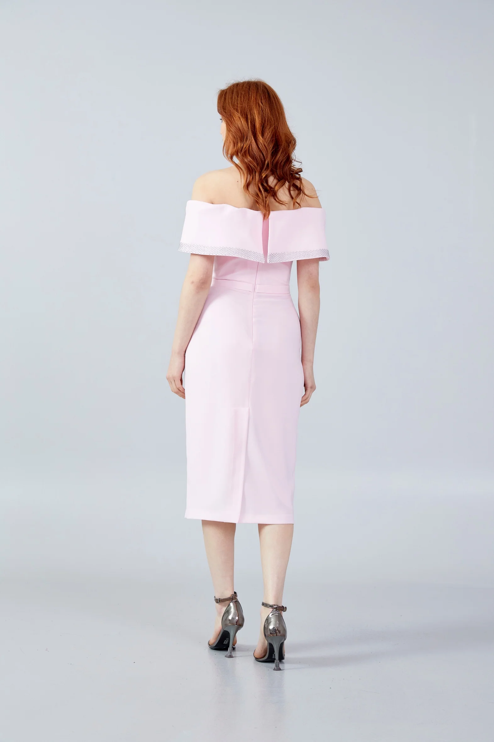 Off Shoulder Midi Crepe Column Regular Evening Dress jnm23-376 - Image 10