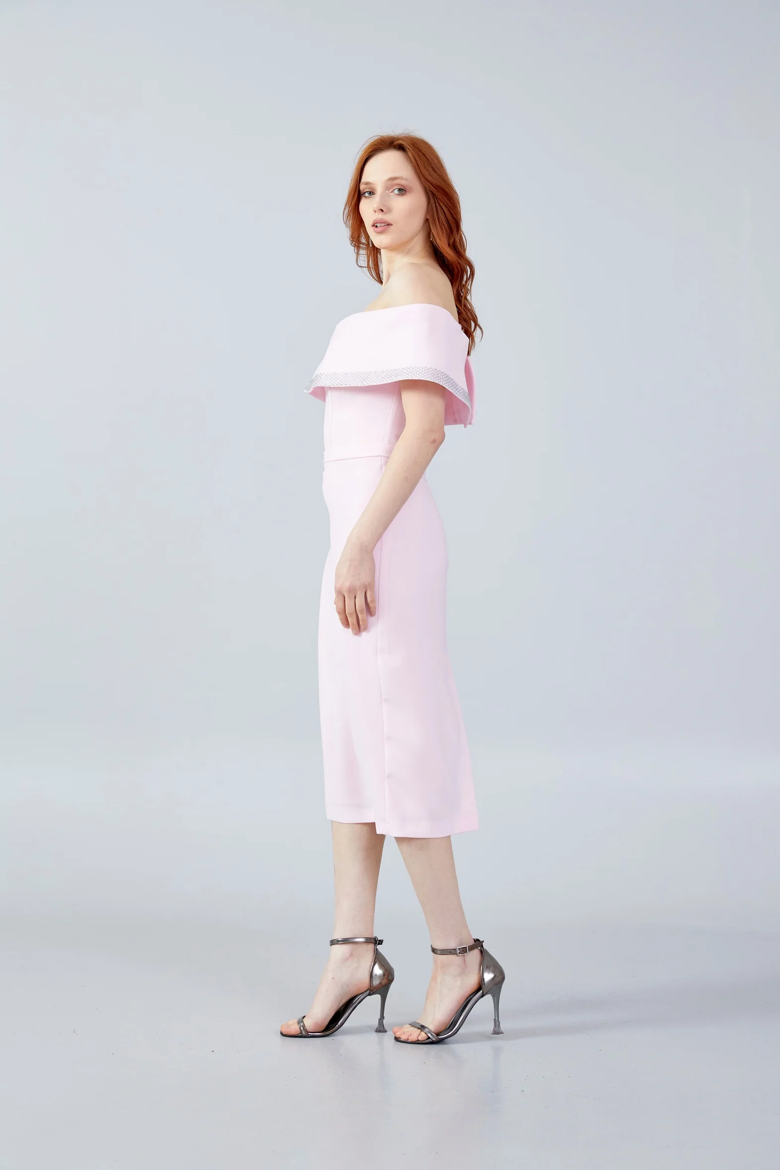 Off Shoulder Midi Crepe Column Regular Evening Dress jnm23-376 - Image 11