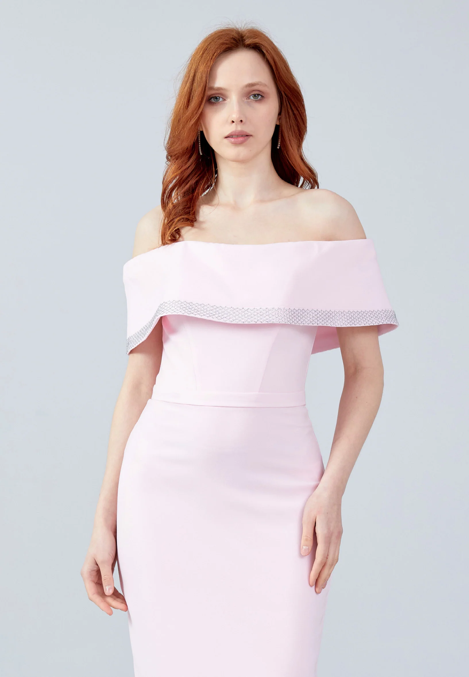 Off Shoulder Midi Crepe Column Regular Evening Dress jnm23-376 - Image 12