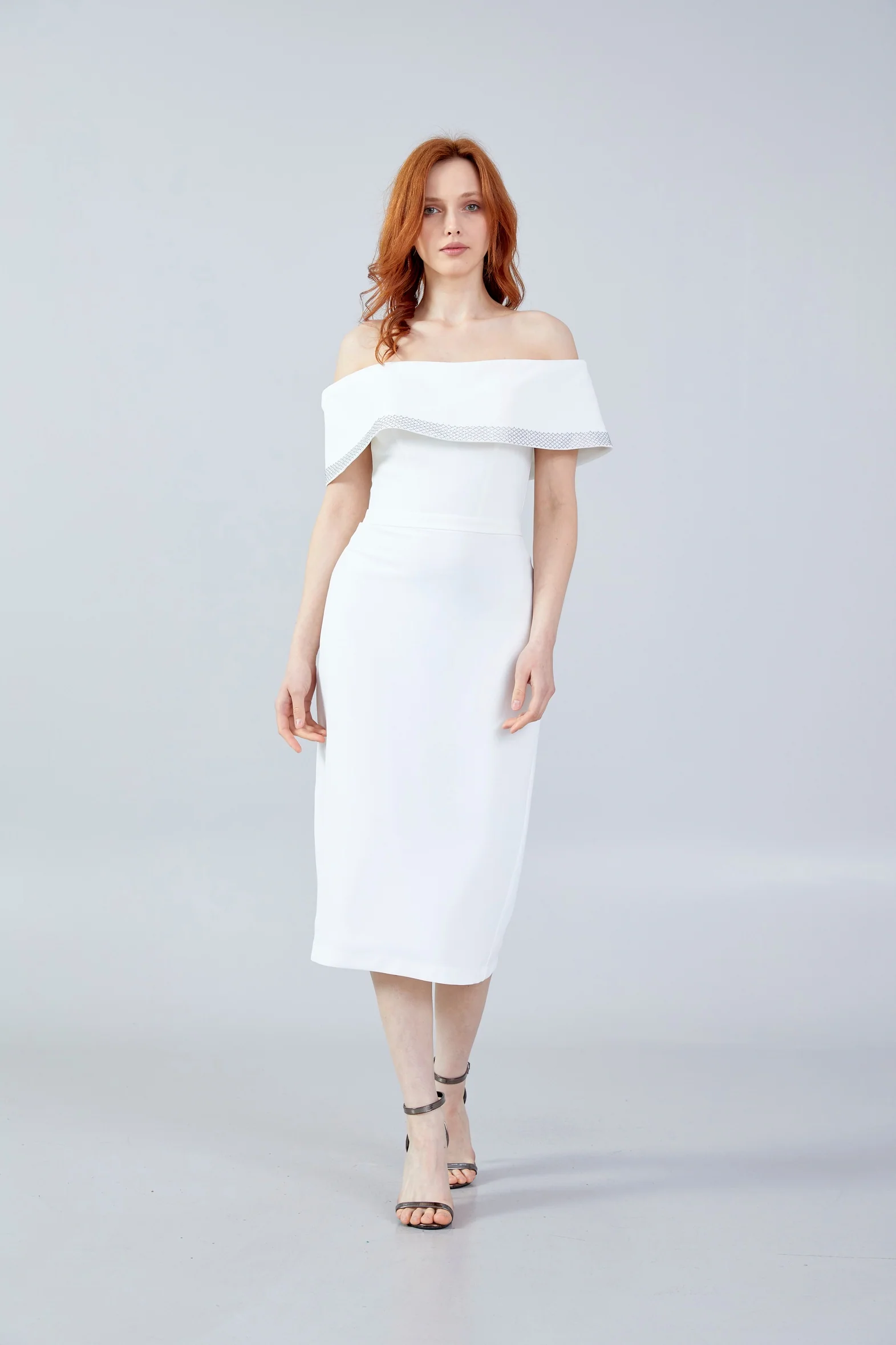 Off Shoulder Midi Crepe Column Regular Evening Dress jnm23-376 - Image 13