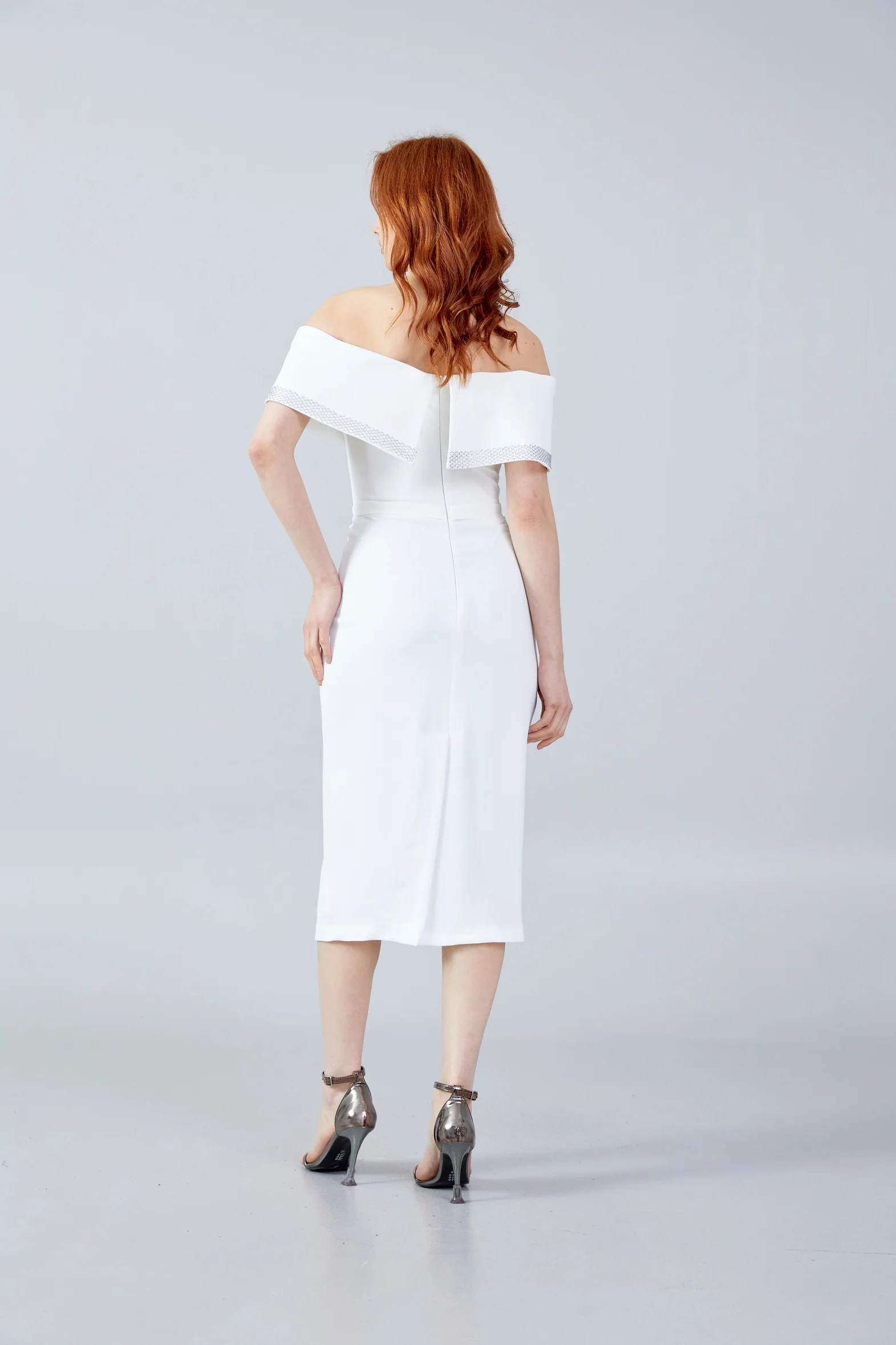 Off Shoulder Midi Crepe Column Regular Evening Dress jnm23-376 - Image 14