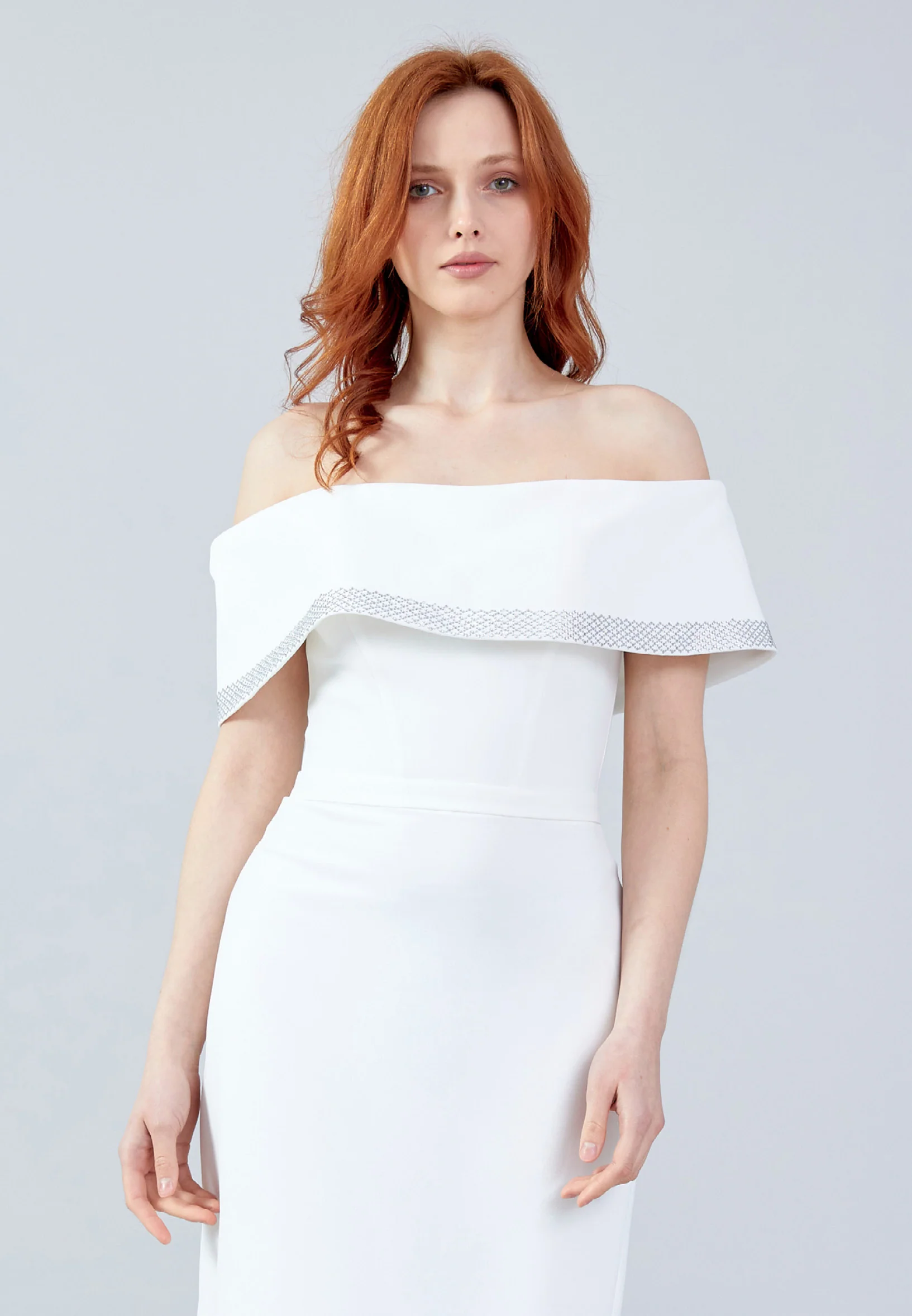 Off Shoulder Midi Crepe Column Regular Evening Dress jnm23-376 - Image 16