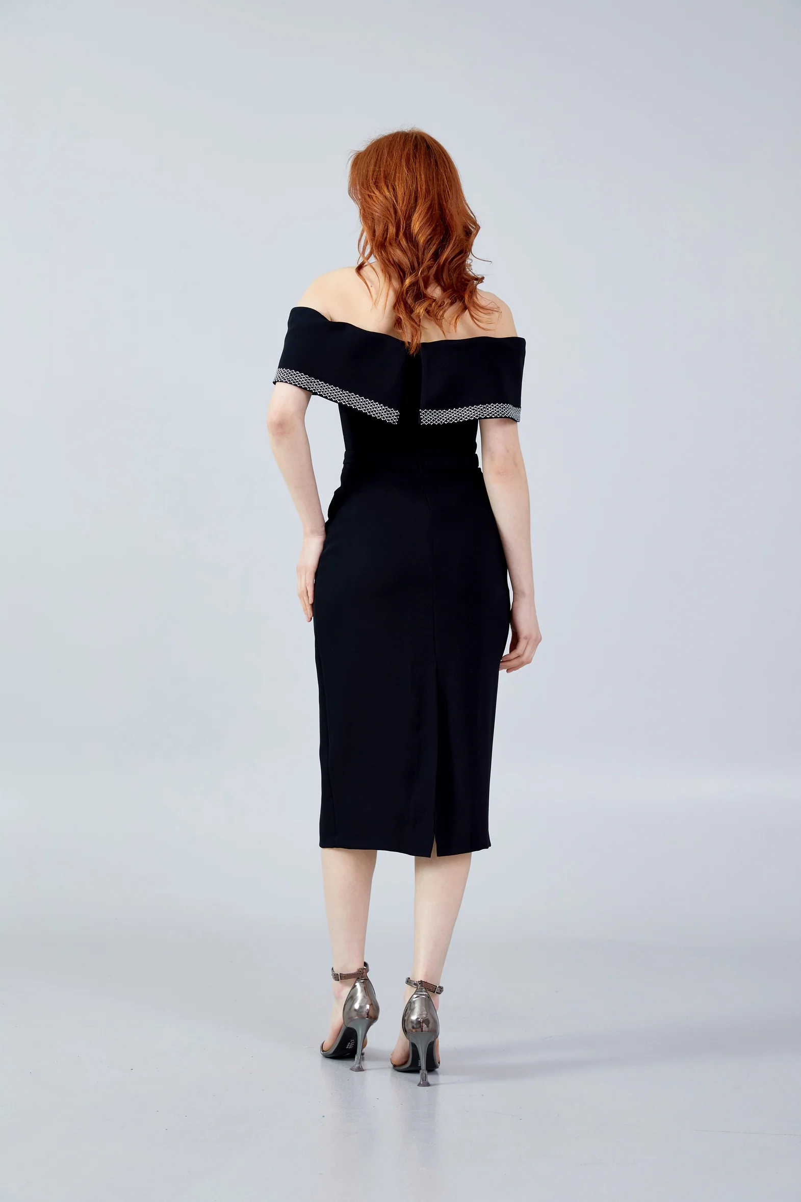 Off Shoulder Midi Crepe Column Regular Evening Dress jnm23-376 - Image 2