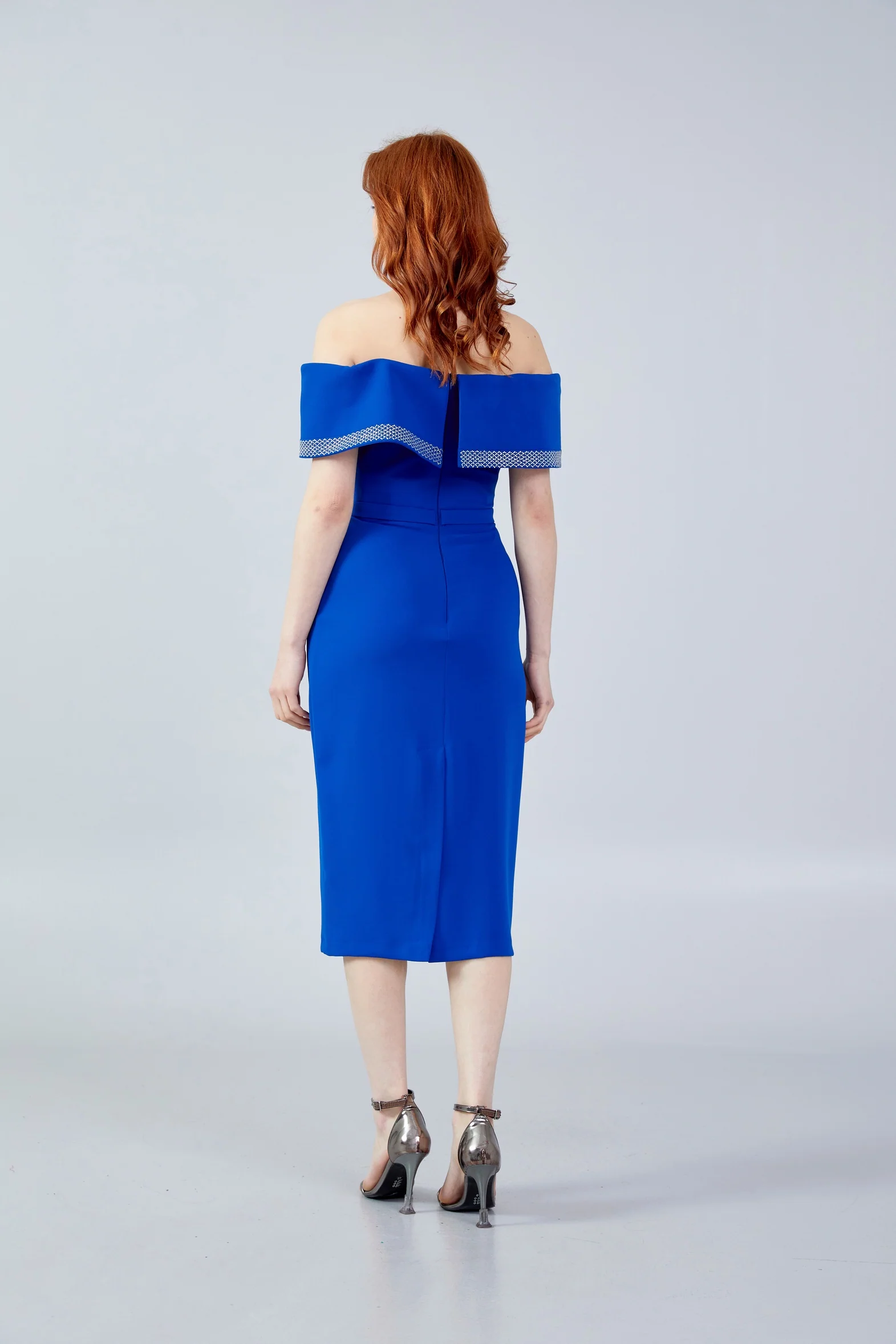 Off Shoulder Midi Crepe Column Regular Evening Dress jnm23-376 - Image 6