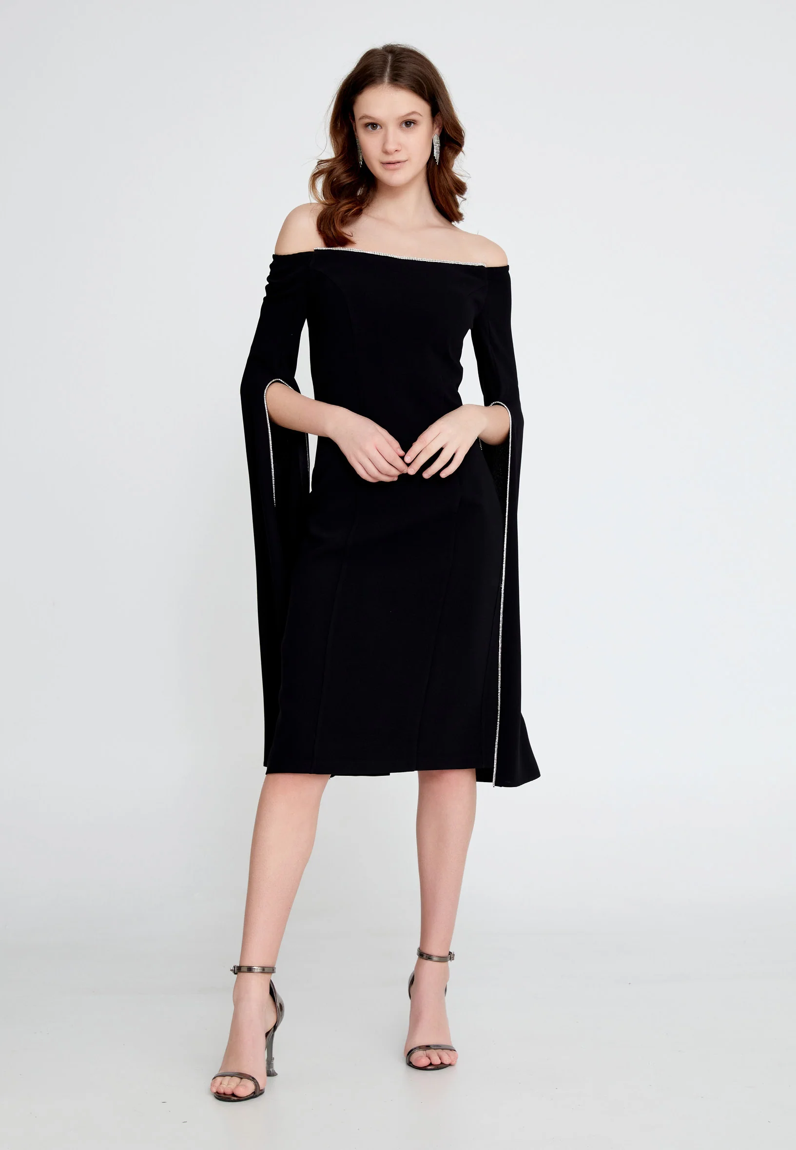 Off Shoulder Midi Crepe Column Regular Evening Dress jnm23-378