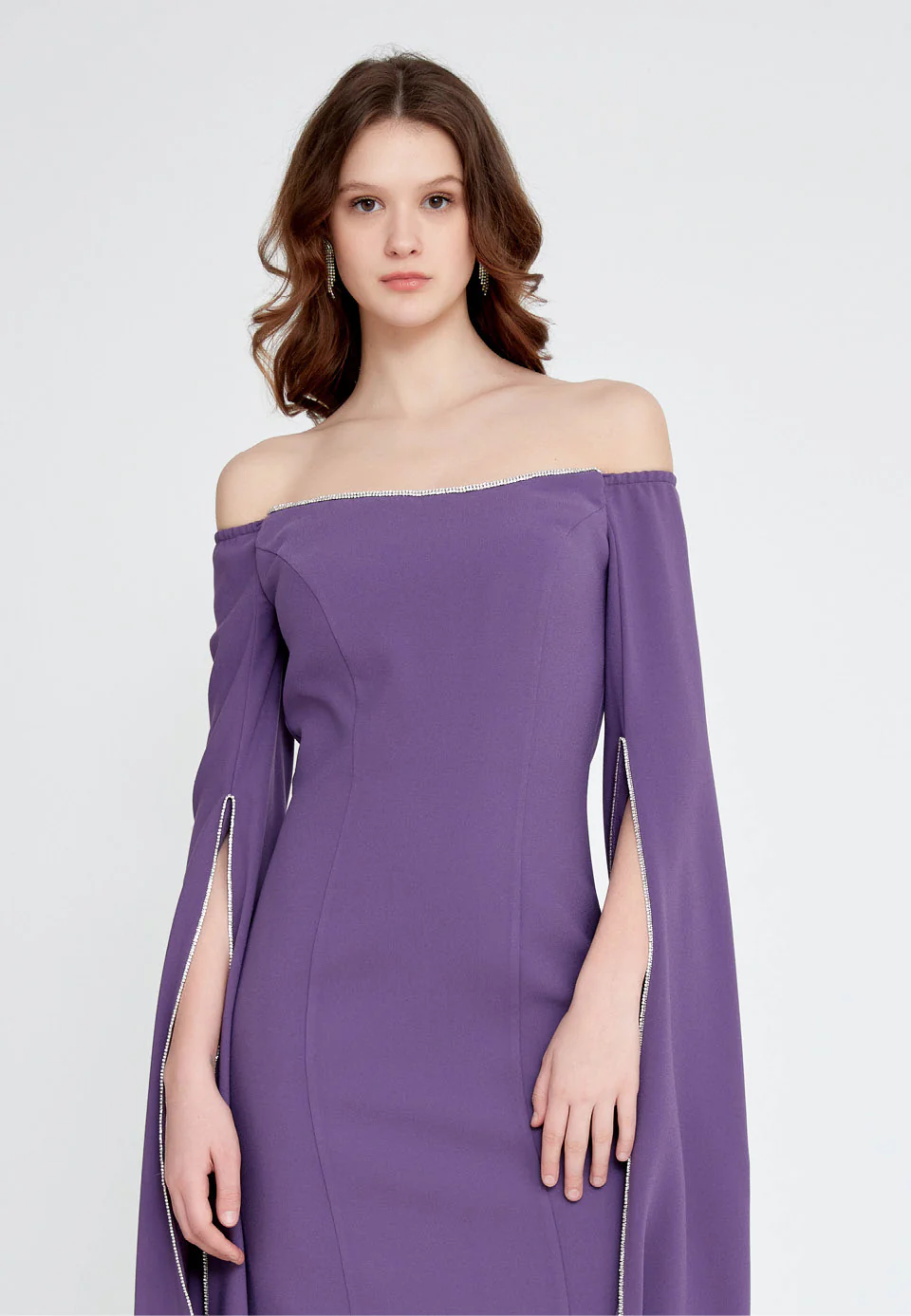 Off Shoulder Midi Crepe Column Regular Evening Dress jnm23-378 - Image 16