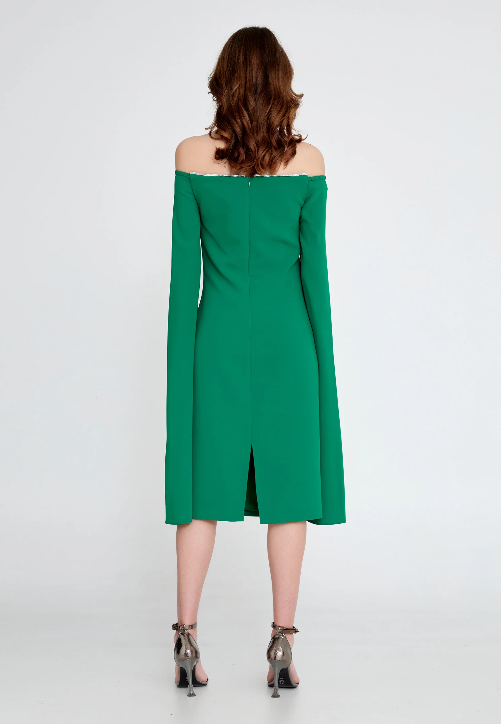 Off Shoulder Midi Crepe Column Regular Evening Dress jnm23-378 - Image 6