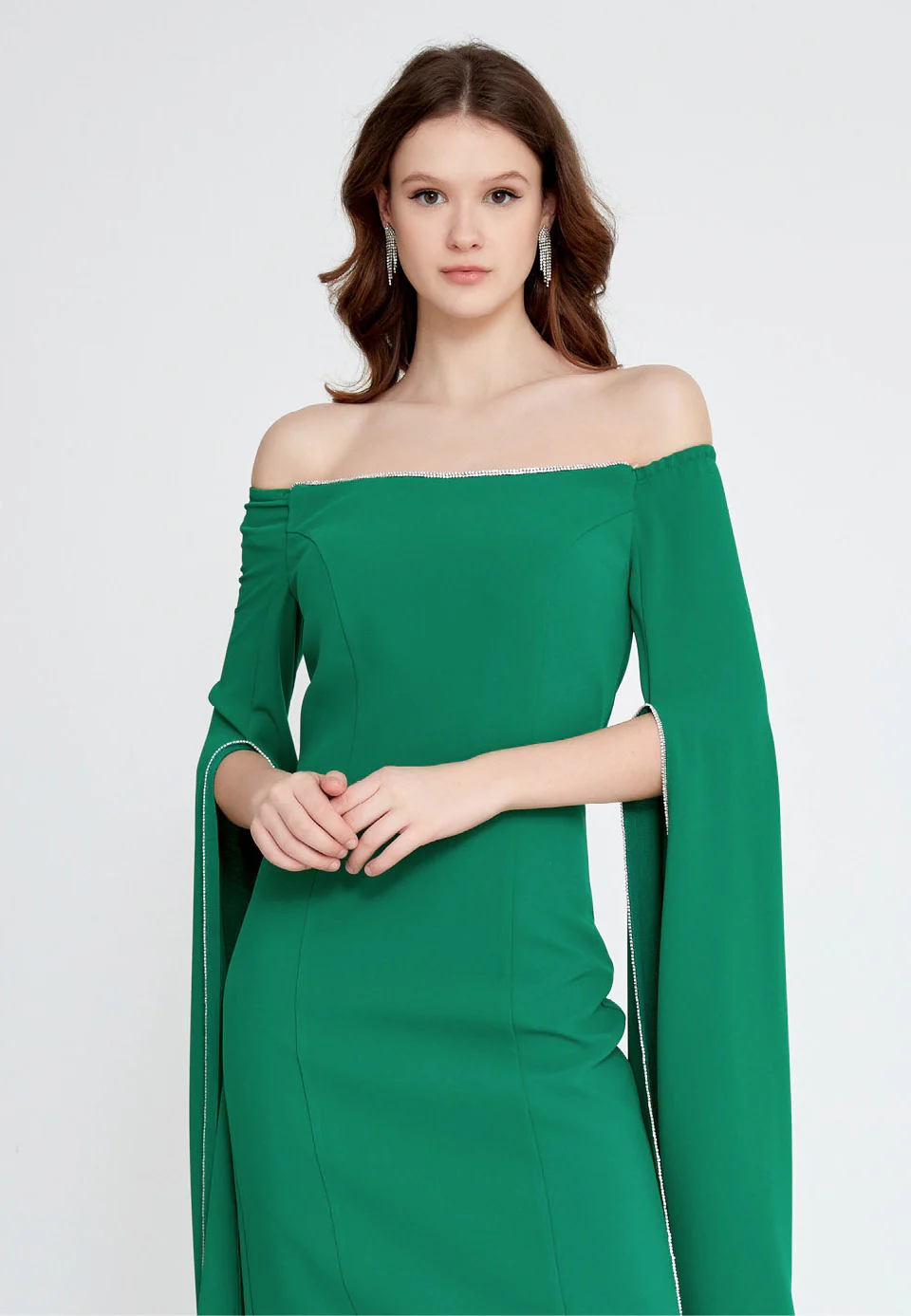 Off Shoulder Midi Crepe Column Regular Evening Dress jnm23-378 - Image 8