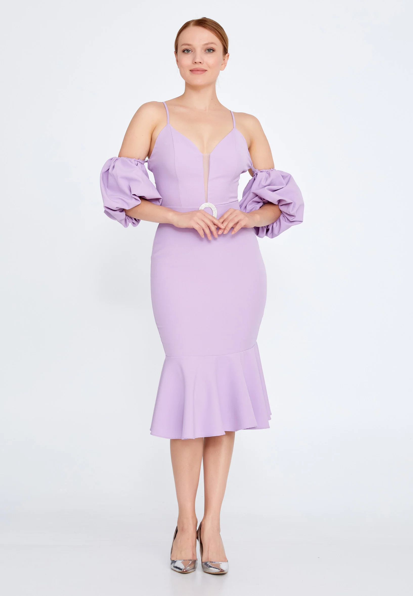 Off Shoulder Midi Crepe Mermaid Regular Evening Dress jnm20-066 - Image 17