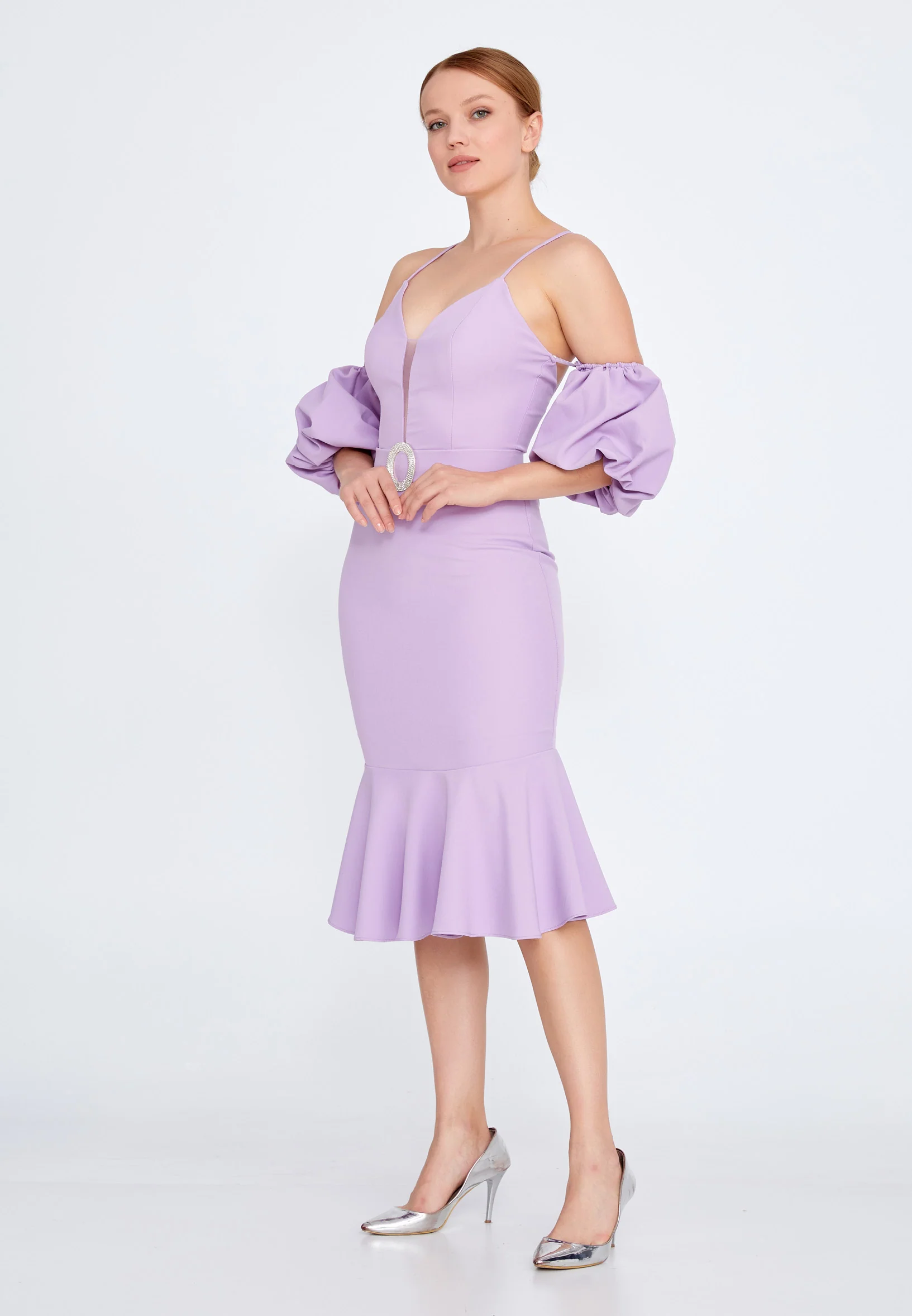 Off Shoulder Midi Crepe Mermaid Regular Evening Dress jnm20-066 - Image 19
