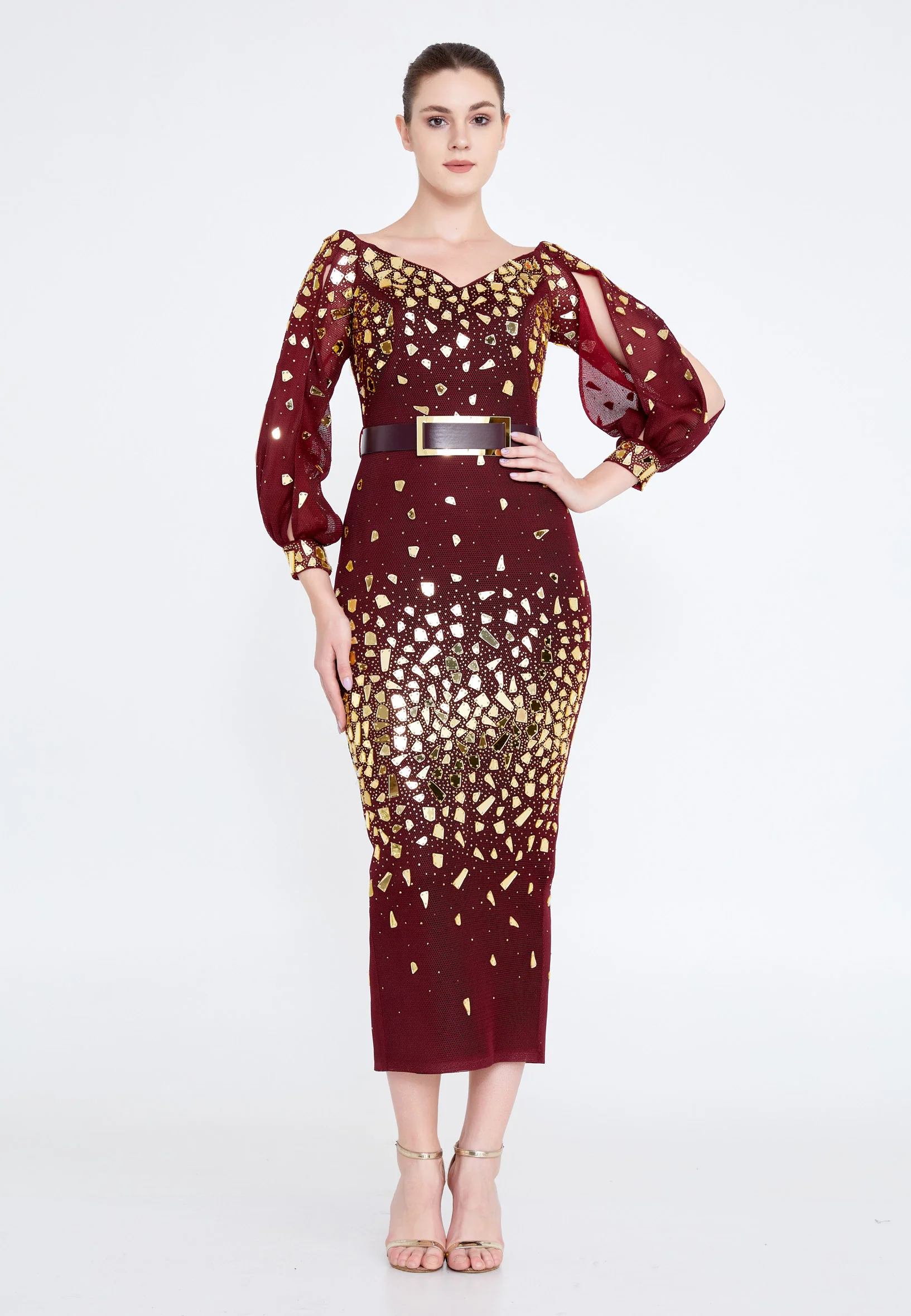 Off Shoulder Midi Lace Column Regular Wedding Guest Dress crm8822