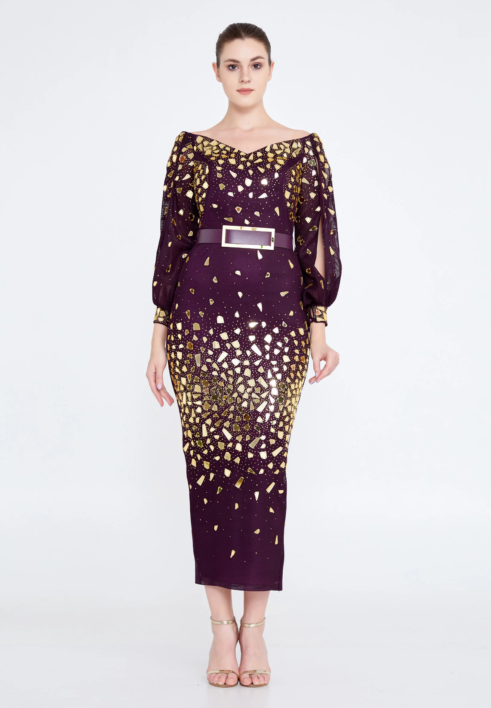 Off Shoulder Midi Lace Column Regular Wedding Guest Dress crm8822 - Image 13