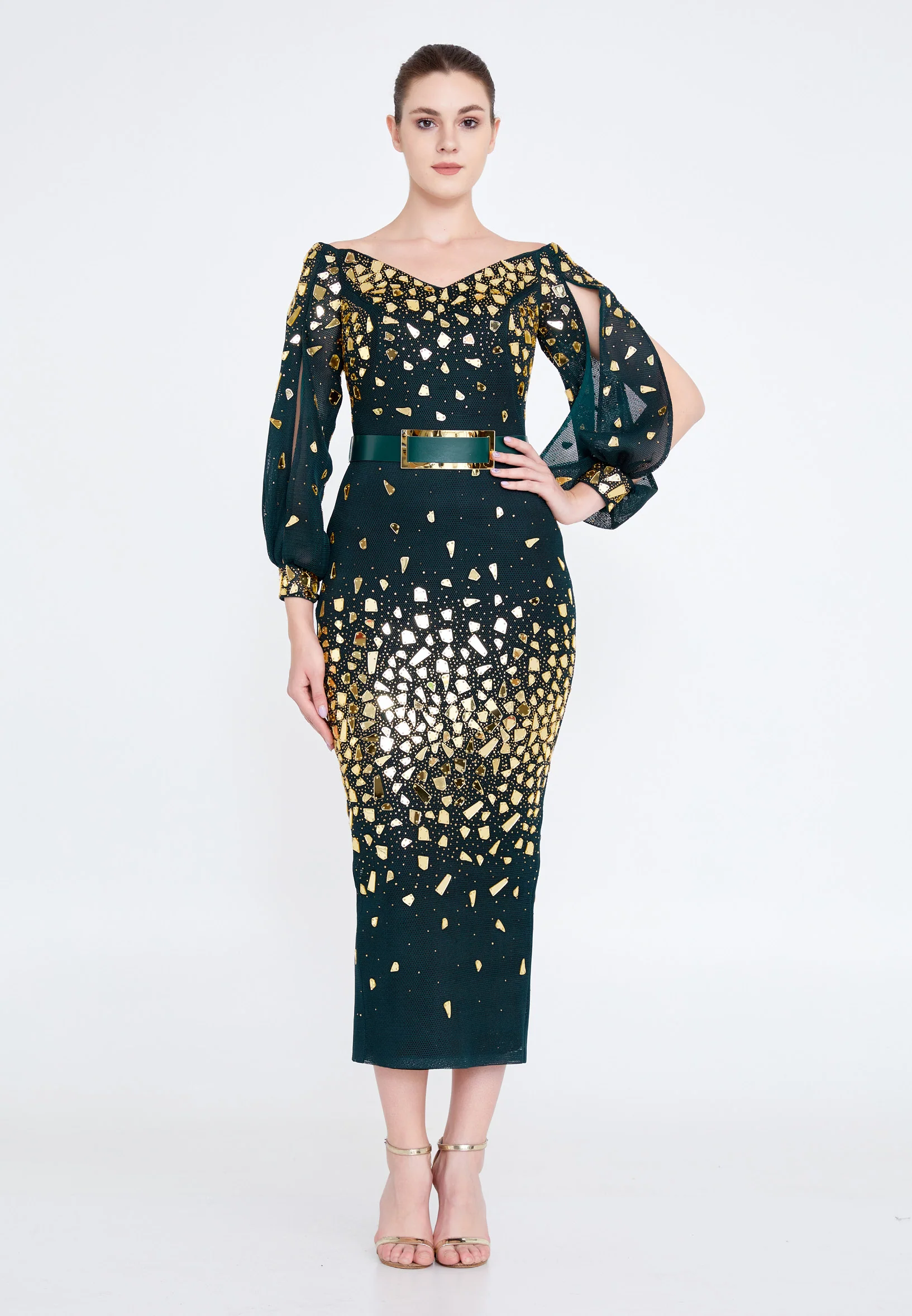 Off Shoulder Midi Lace Column Regular Wedding Guest Dress crm8822 - Image 9