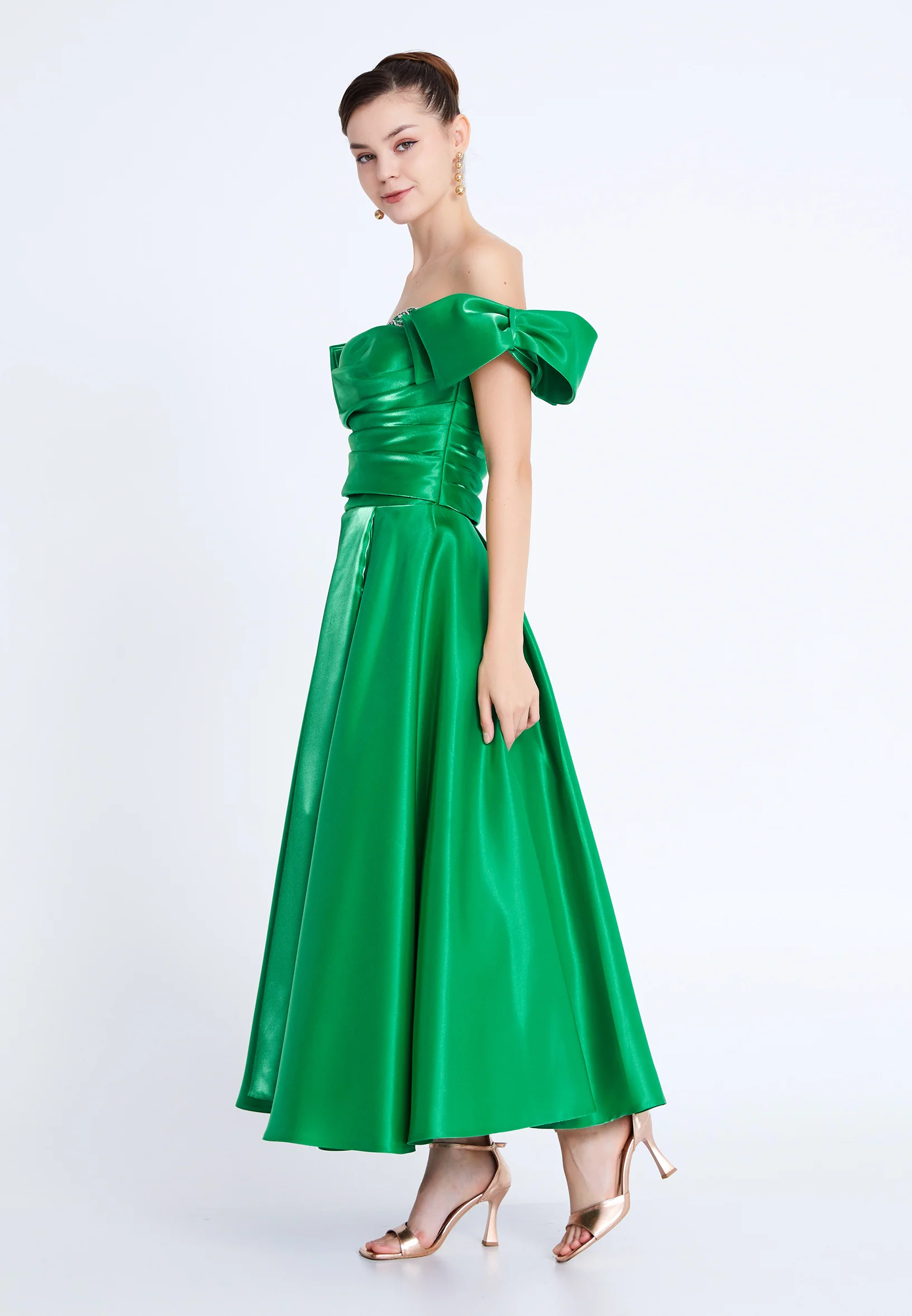 Off Shoulder Midi Polyester A - Line Regular Prom Dress aln1807 - Image 3