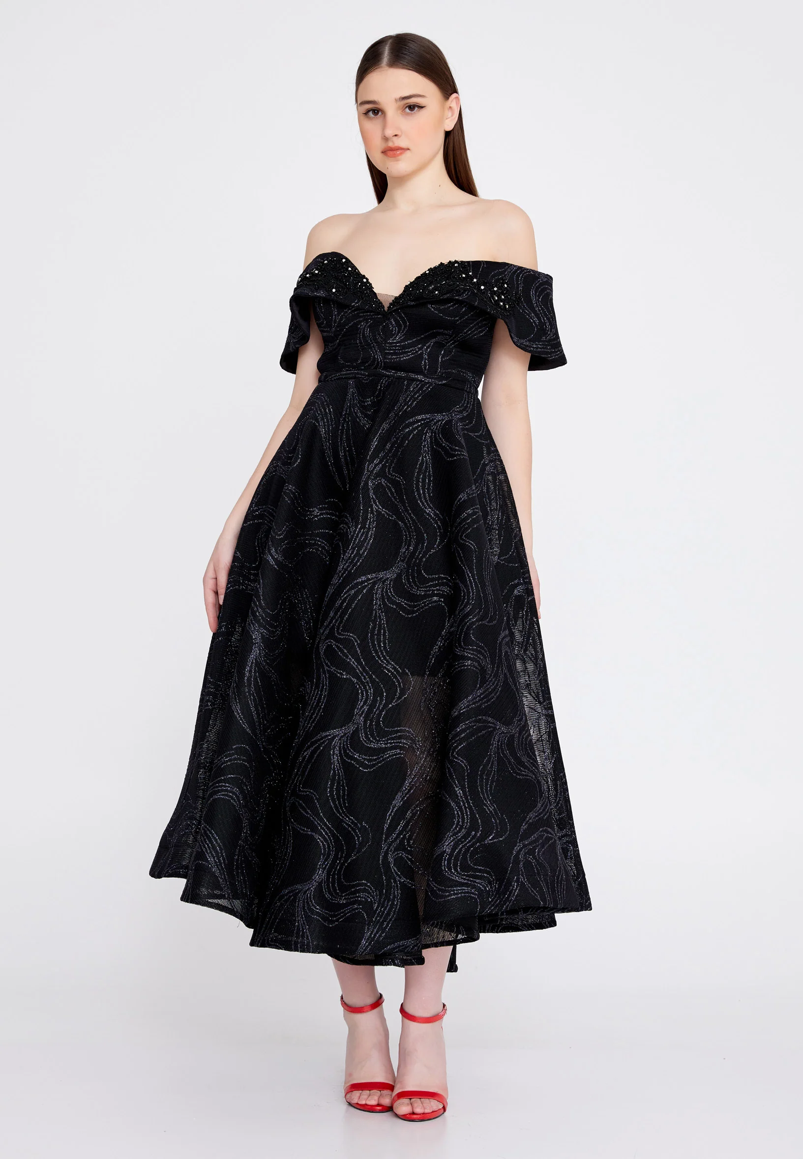 Off Shoulder Midi Tulle A - Line Regular Prom Dress ons000-63